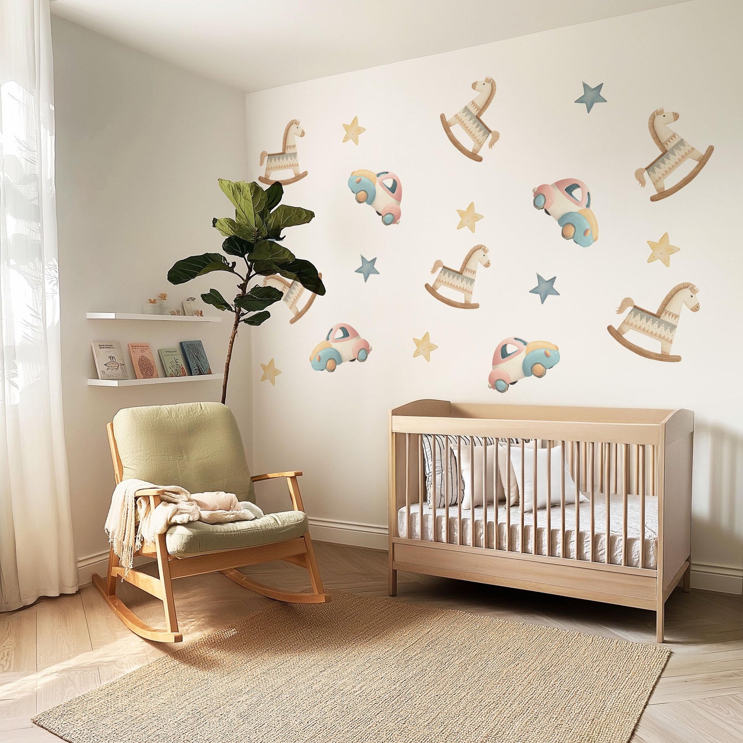 Rocking Horse Wall Stickers, Wooden Toy Nursery Decor, Star Wall Decals, Peel and Stick Nursery Wall Art