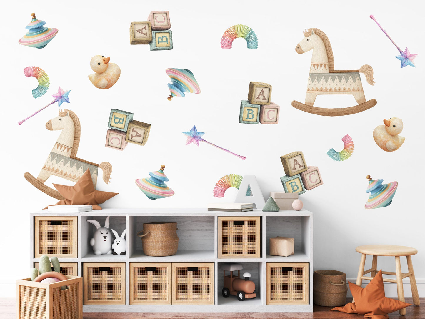 Vintage Toy Wall Stickers, ABC Blocks Nursery Decor, Toy Box Wall Decals, Peel and Stick Nursery Wall Art