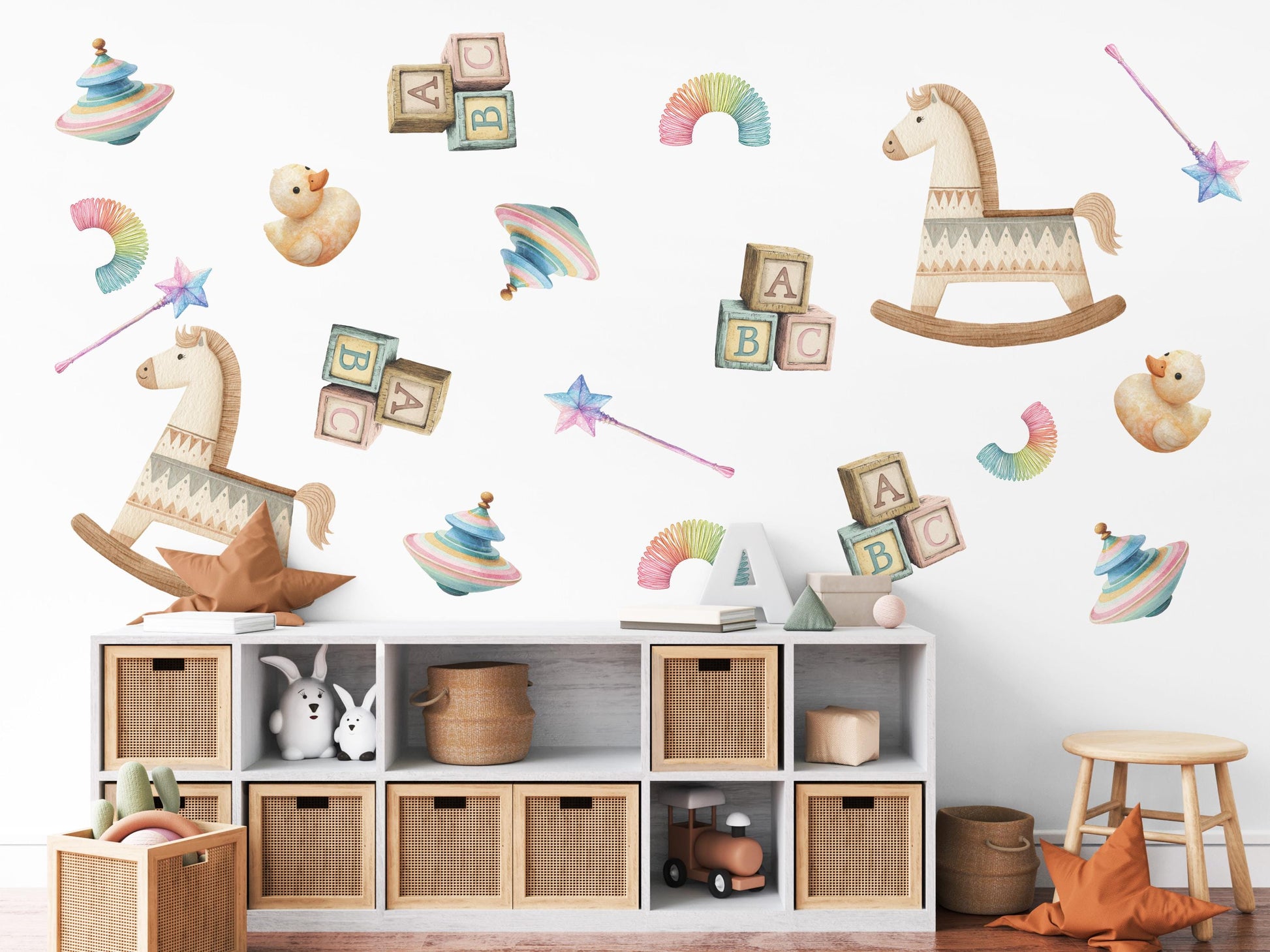 Vintage Toy Wall Stickers, ABC Blocks Nursery Decor, Toy Box Wall Decals, Peel and Stick Nursery Wall Art
