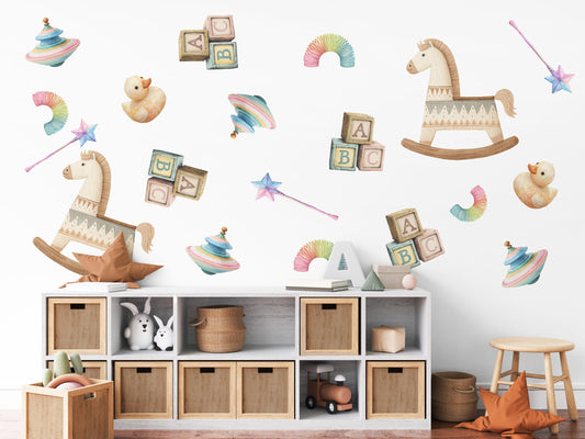 Vintage Toy Wall Stickers, ABC Blocks Nursery Decor, Toy Box Wall Decals, Peel and Stick Nursery Wall Art
