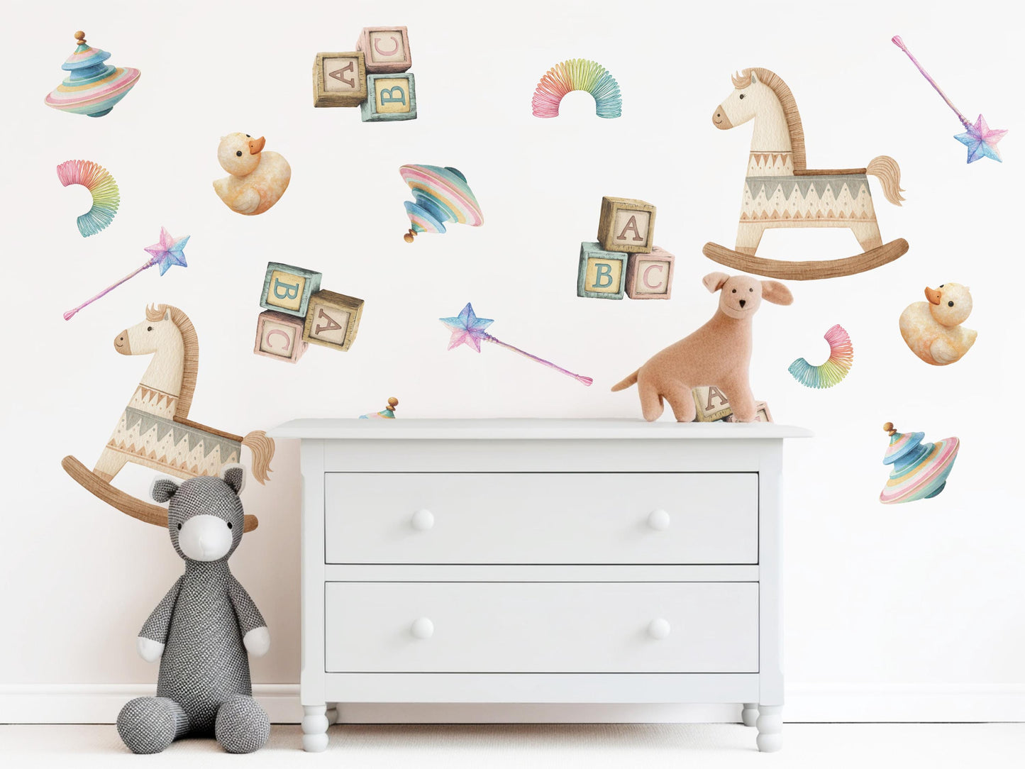 Vintage Toy Wall Stickers, ABC Blocks Nursery Decor, Toy Box Wall Decals, Peel and Stick Nursery Wall Art