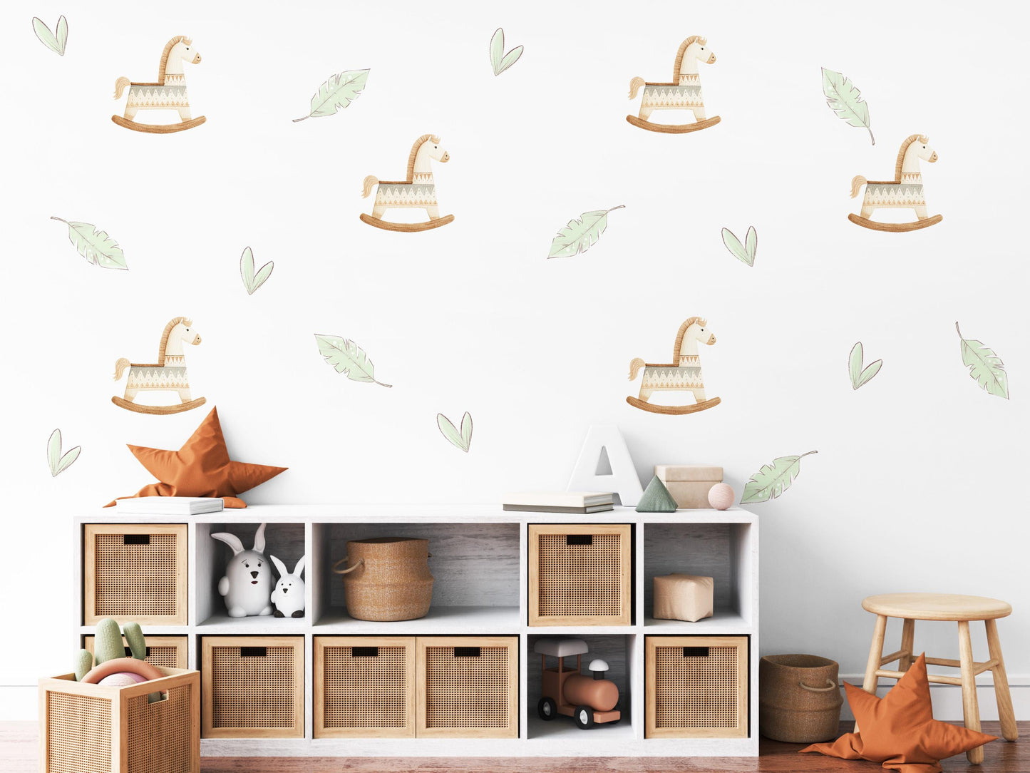 Boho Rocking Horse Wall Stickers, Sage Leaf Nursery Decor, Feather Wall Decals, Peel and Stick Nursery Wall Art