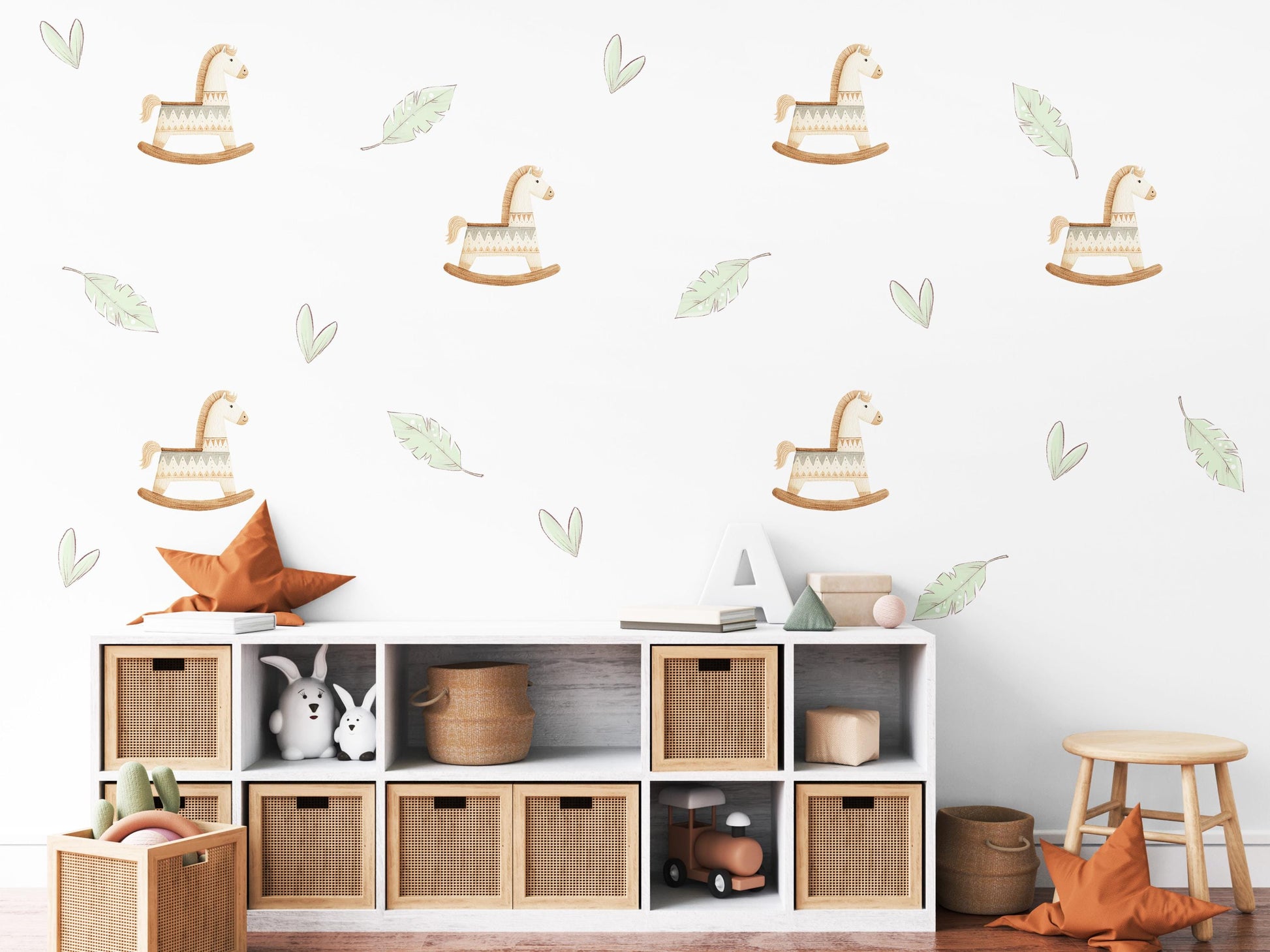 Boho Rocking Horse Wall Stickers, Sage Leaf Nursery Decor, Feather Wall Decals, Peel and Stick Nursery Wall Art