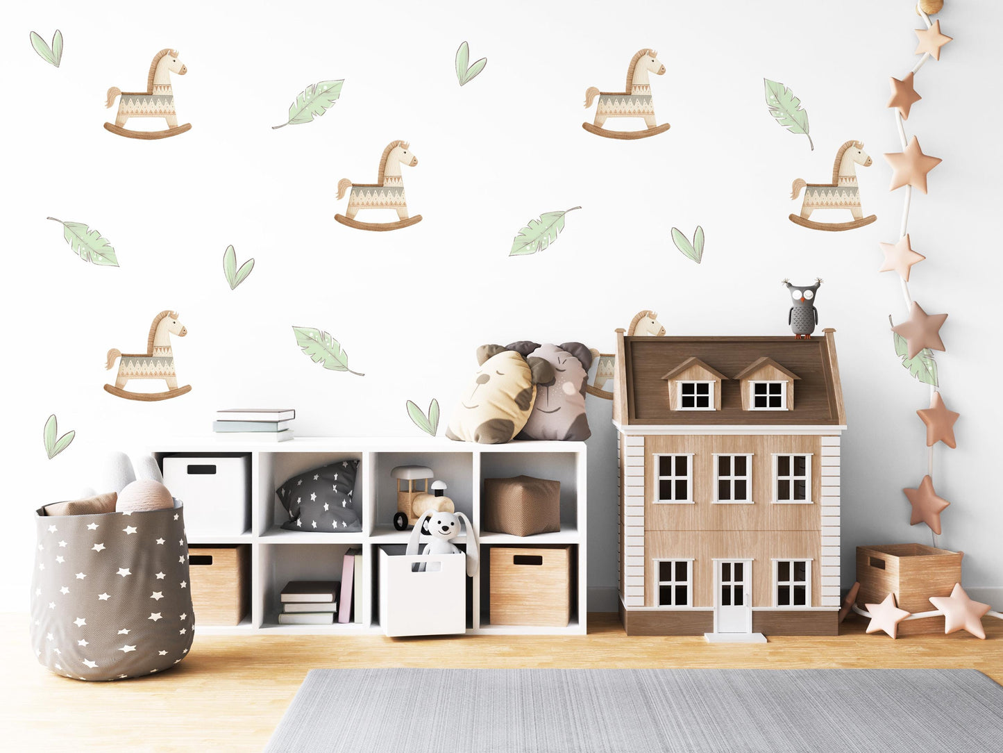 Boho Rocking Horse Wall Stickers, Sage Leaf Nursery Decor, Feather Wall Decals, Peel and Stick Nursery Wall Art