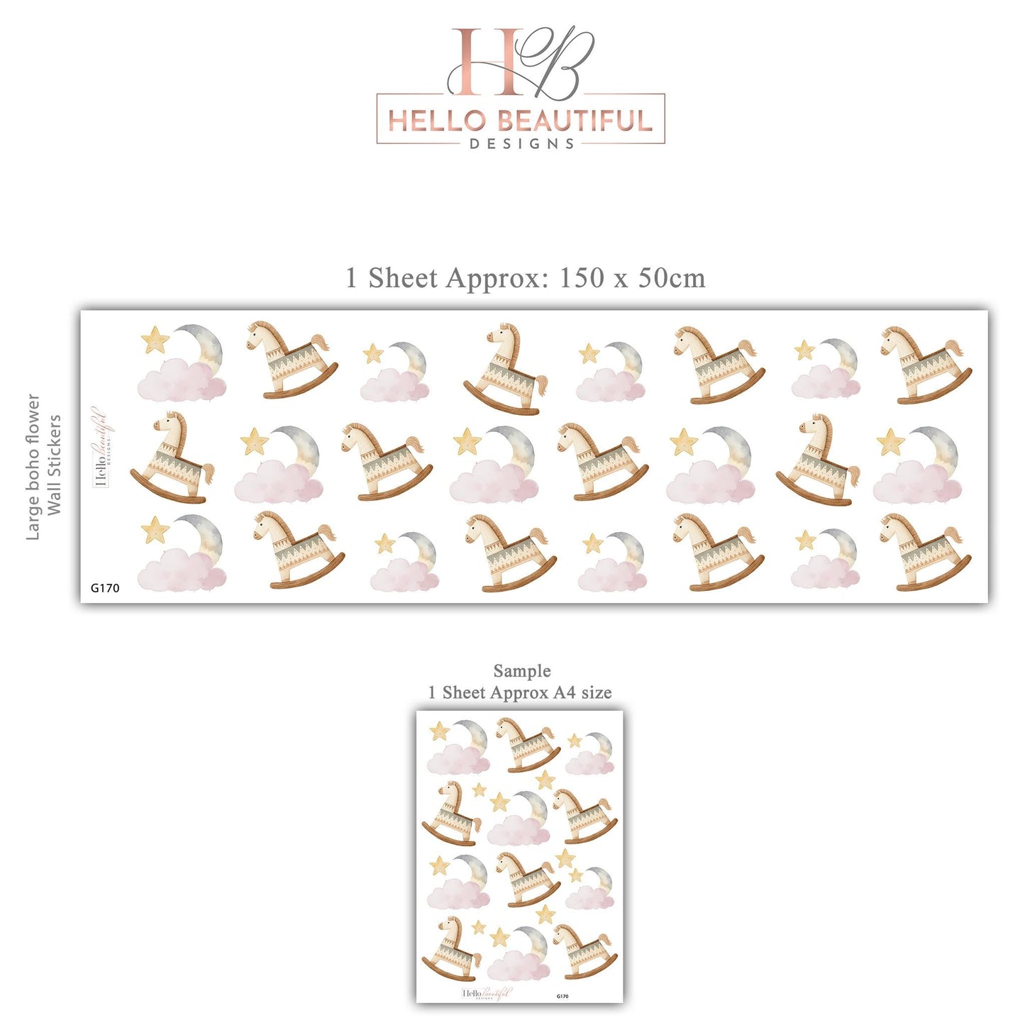 Rocking Horse Wall Stickers, Moon and Stars Nursery Decor, Pink Cloud Wall Decals, Peel and Stick Nursery Wall Art