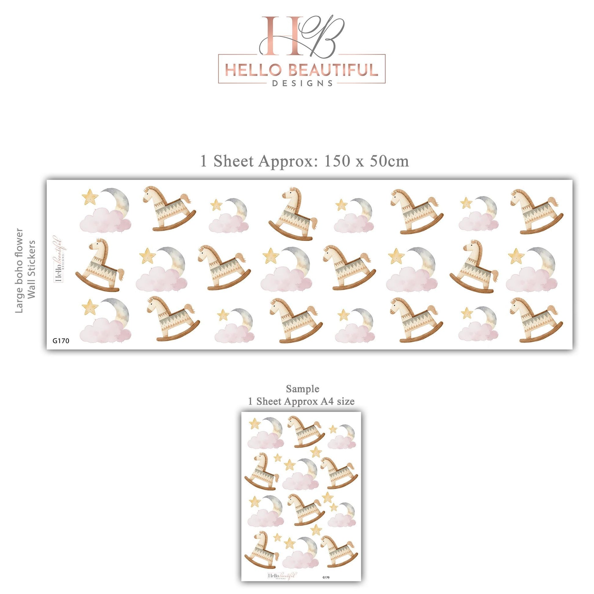 Rocking Horse Wall Stickers, Moon and Stars Nursery Decor, Pink Cloud Wall Decals, Peel and Stick Nursery Wall Art