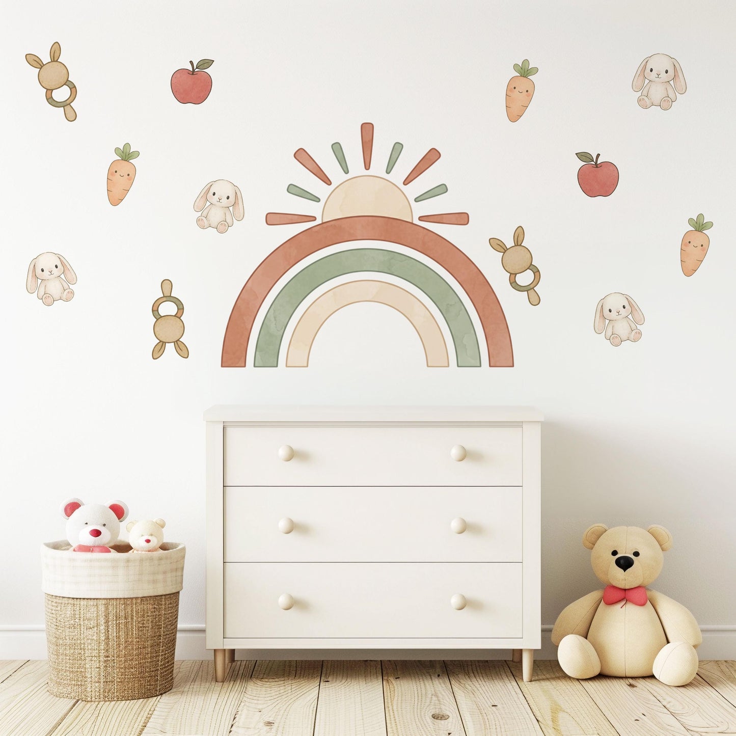 Rainbow Wall Stickers, Boho Bunny Nursery Decor, Sun Carrot Kids Room Wall Decals, Neutral Baby Room Decor, Peel and Stick Wall Art