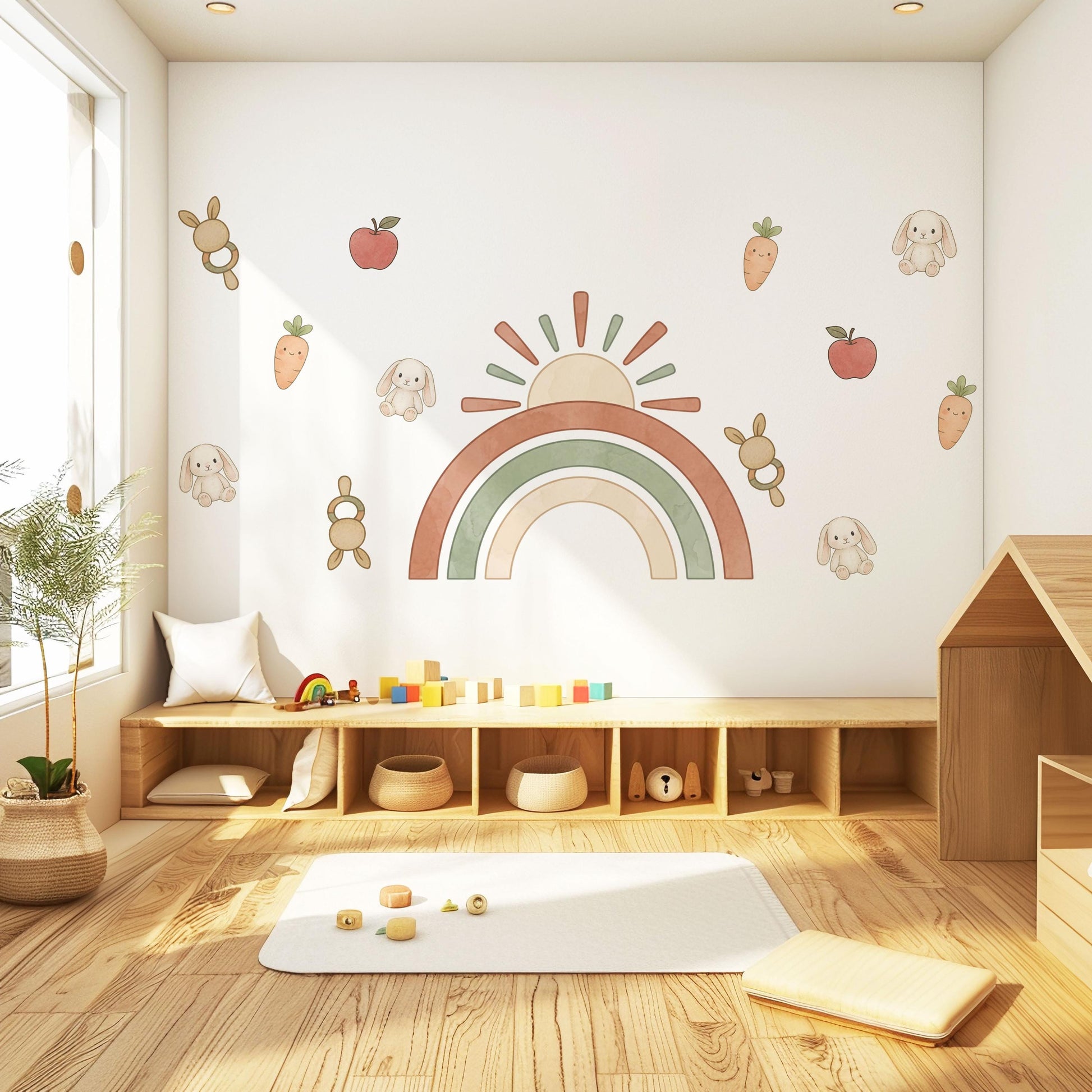 Rainbow Wall Stickers, Boho Bunny Nursery Decor, Sun Carrot Kids Room Wall Decals, Neutral Baby Room Decor, Peel and Stick Wall Art