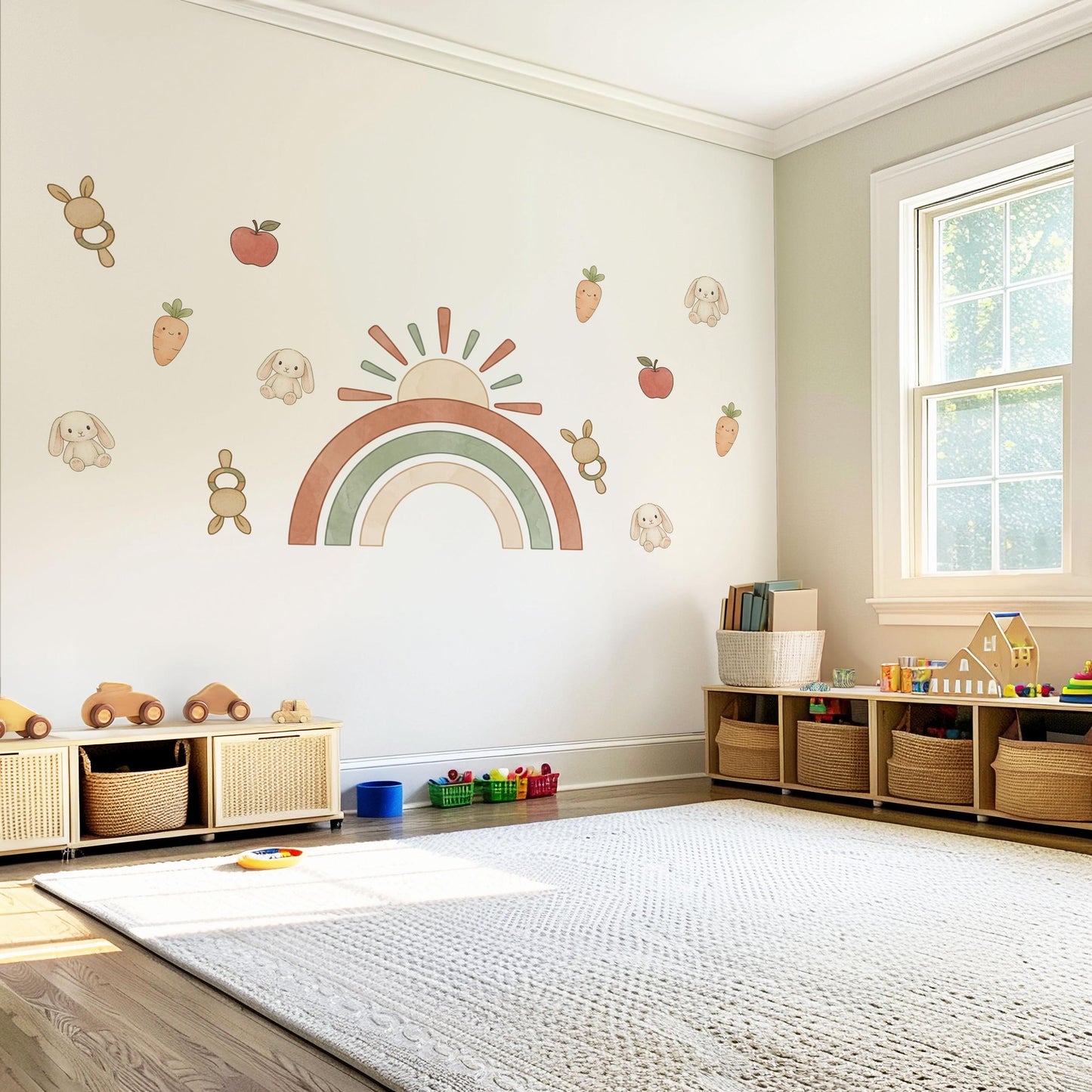 Rainbow Wall Stickers, Boho Bunny Nursery Decor, Sun Carrot Kids Room Wall Decals, Neutral Baby Room Decor, Peel and Stick Wall Art