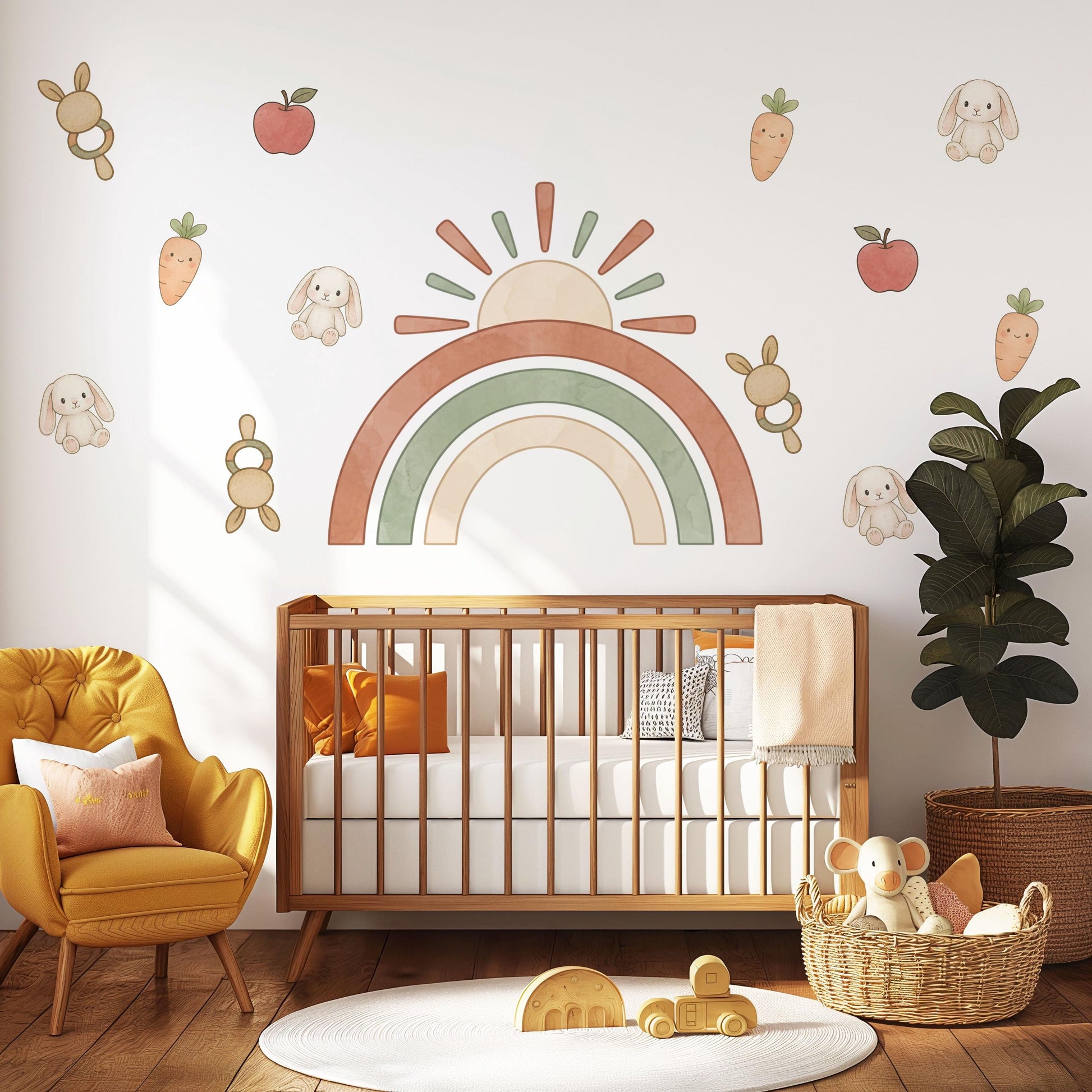 Rainbow Wall Stickers, Boho Bunny Nursery Decor, Sun Carrot Kids Room Wall Decals, Neutral Baby Room Decor, Peel and Stick Wall Art