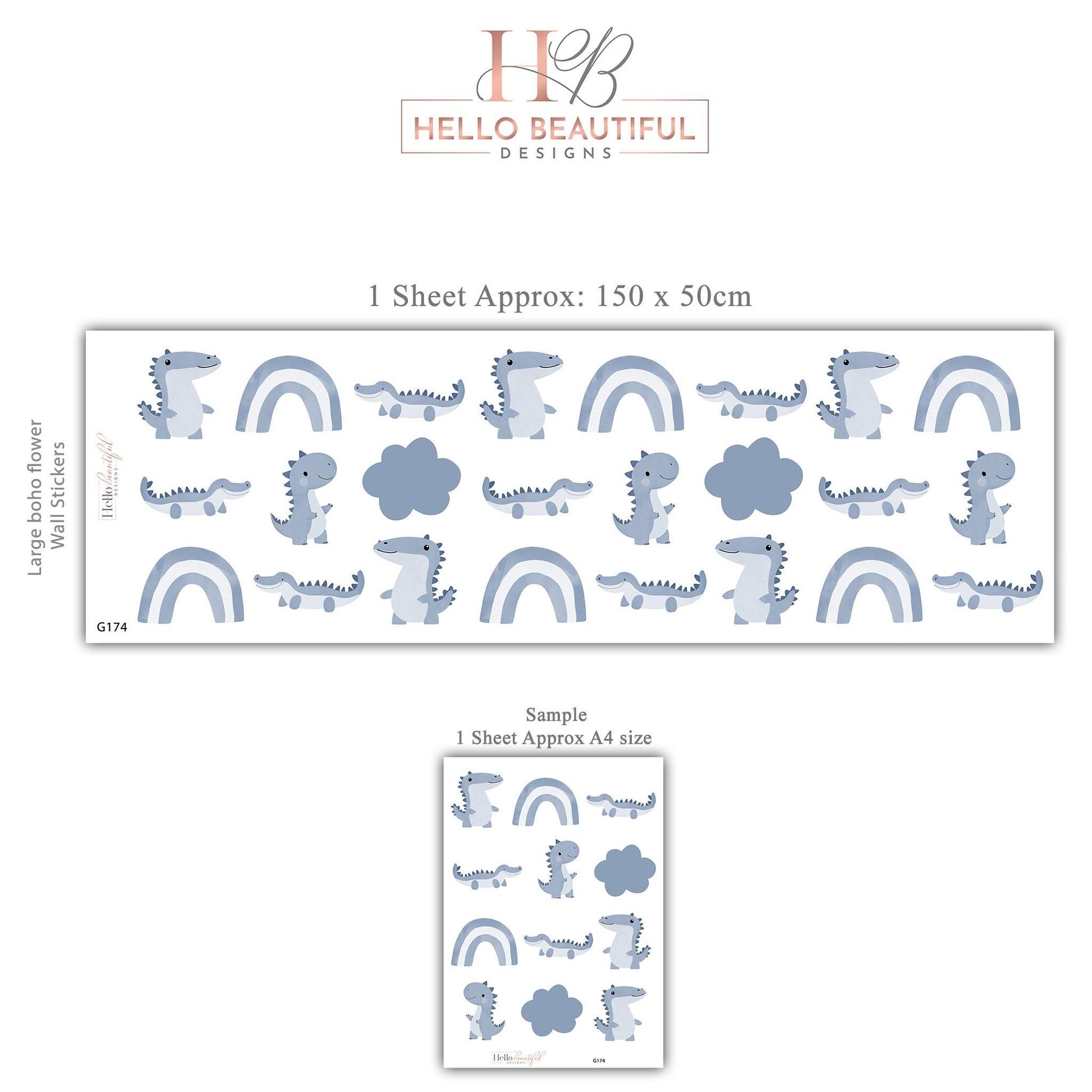 Dinosaur Wall Stickers, Blue Boy Nursery Decor, Dino Rainbow Kids Room Wall Decals, Neutral Baby Room Decor, Peel and Stick Wall Art