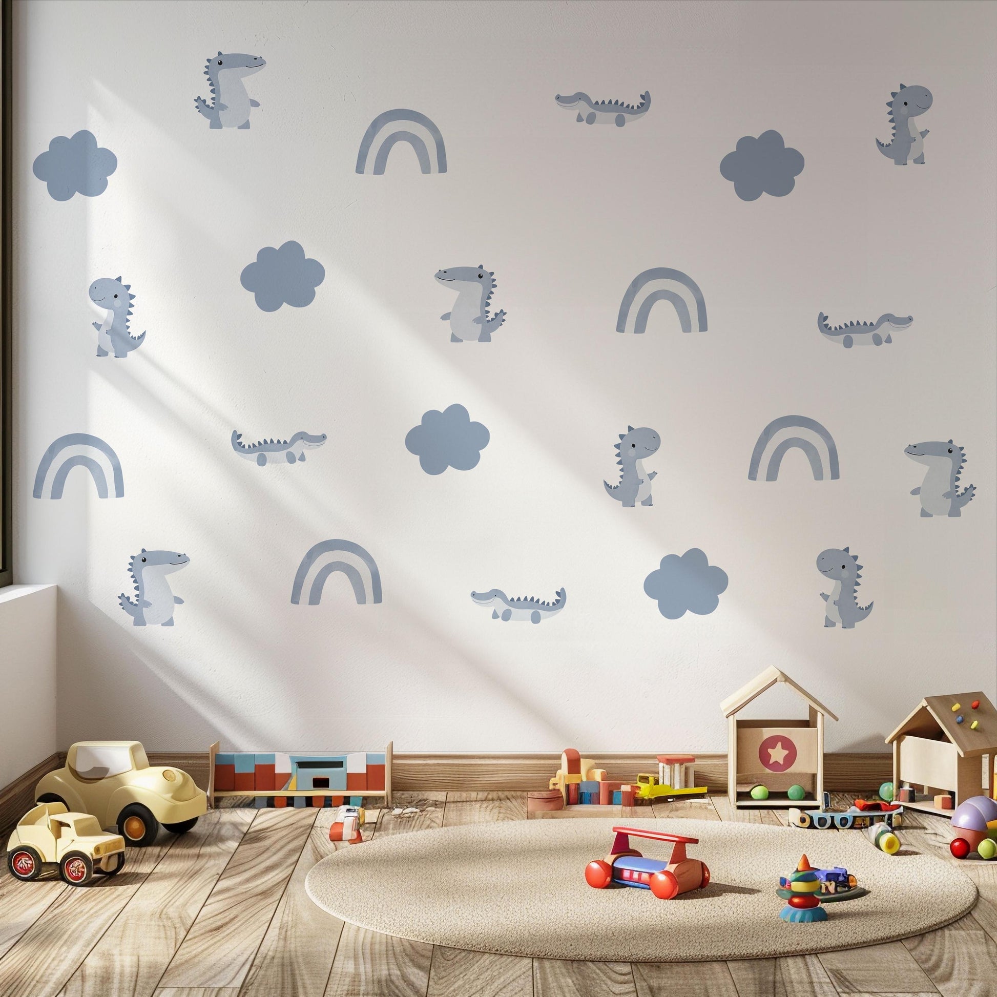 Dinosaur Wall Stickers, Blue Boy Nursery Decor, Dino Rainbow Kids Room Wall Decals, Neutral Baby Room Decor, Peel and Stick Wall Art