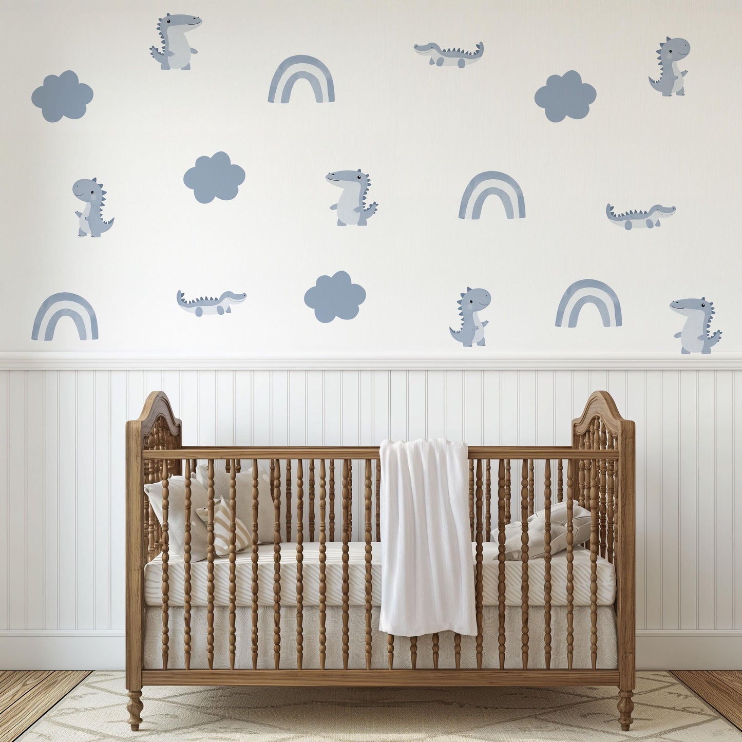 Dinosaur Wall Stickers, Blue Boy Nursery Decor, Dino Rainbow Kids Room Wall Decals, Neutral Baby Room Decor, Peel and Stick Wall Art