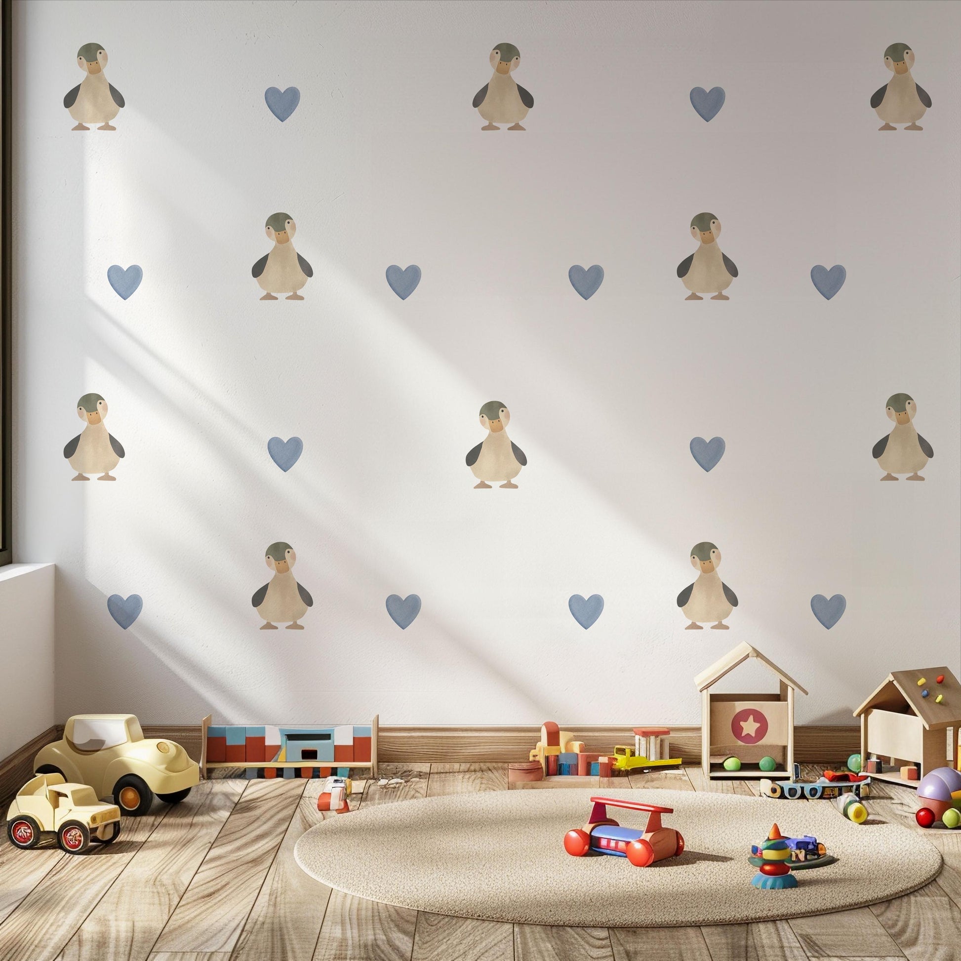 Duck Wall Stickers, Neutral Blue Nursery Decor, Duckling Heart Kids Room Wall Decals, Baby Boy Room Decor, Peel and Stick Wall Art