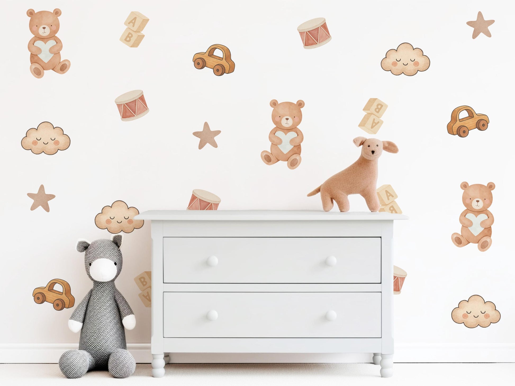 Teddy Bear & Toys Wall Stickers, Neutral Nursery Decor, Toy Car Building Blocks Kids Room Wall Decals, Baby Room Peel and Stick Wall Art
