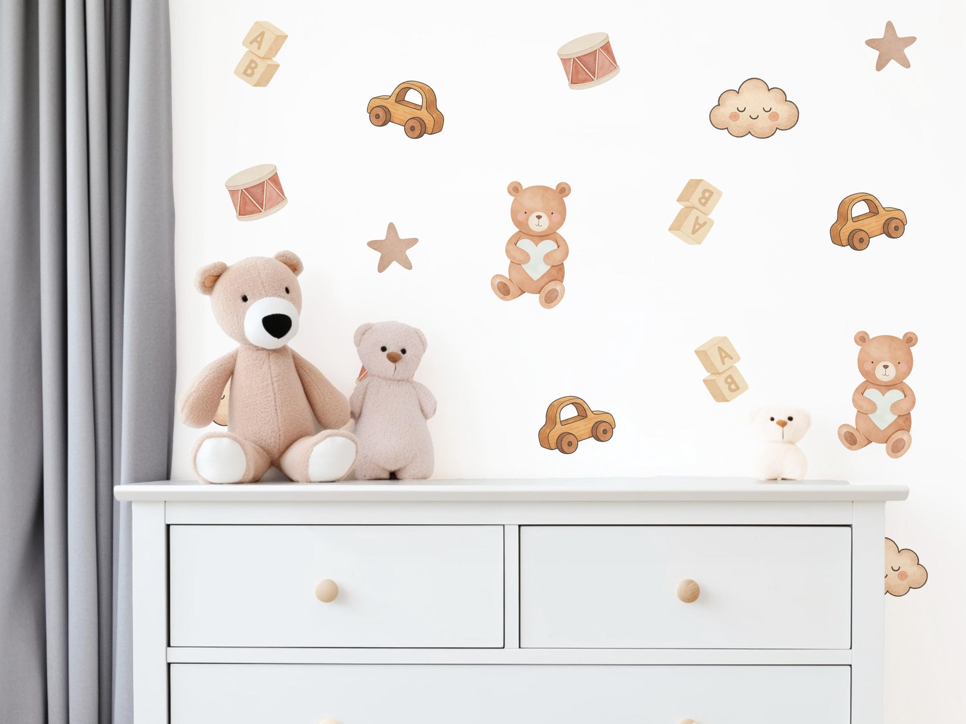Teddy Bear & Toys Wall Stickers, Neutral Nursery Decor, Toy Car Building Blocks Kids Room Wall Decals, Baby Room Peel and Stick Wall Art