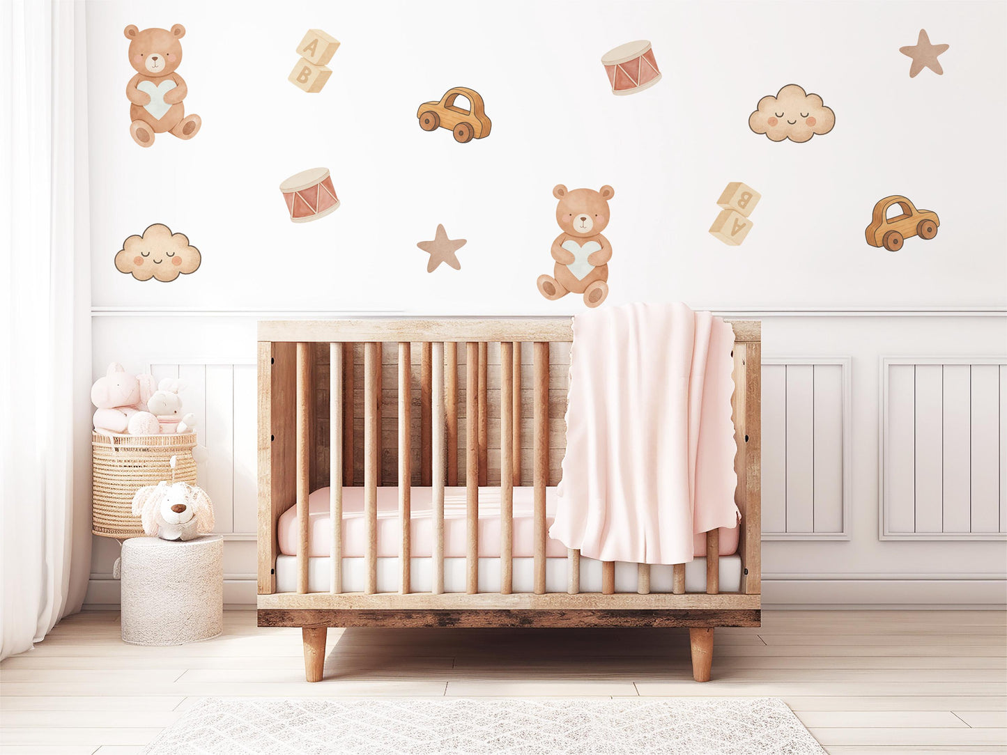 Teddy Bear & Toys Wall Stickers, Neutral Nursery Decor, Toy Car Building Blocks Kids Room Wall Decals, Baby Room Peel and Stick Wall Art
