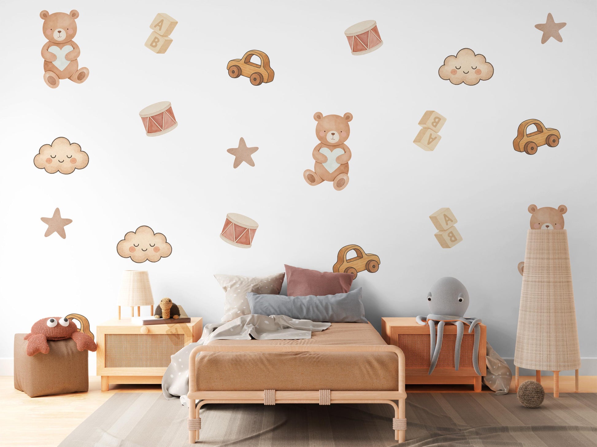 Teddy Bear & Toys Wall Stickers, Neutral Nursery Decor, Toy Car Building Blocks Kids Room Wall Decals, Baby Room Peel and Stick Wall Art