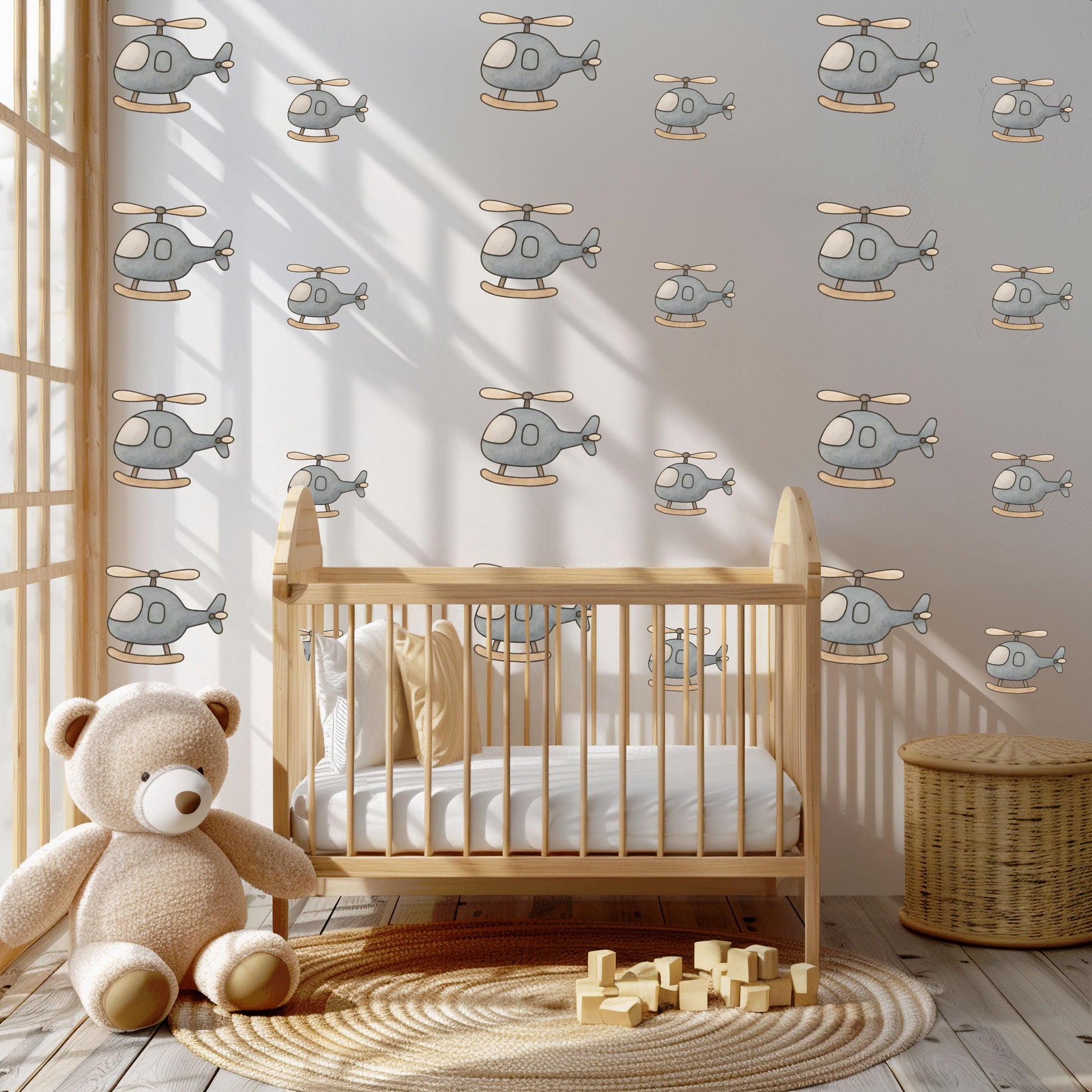 Helicopter Wall Stickers, Boys Nursery Decor, Grey Transport Wall Decals, Kids Room Playroom Baby Boy Nursery Peel and Stick Wall Art
