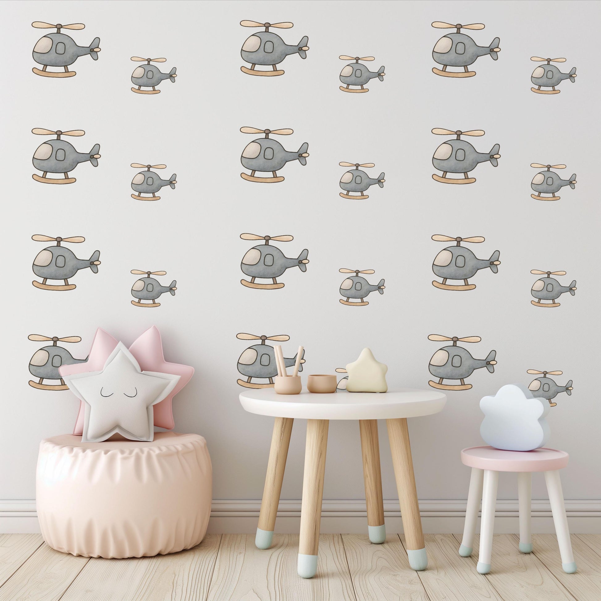 Helicopter Wall Stickers, Boys Nursery Decor, Grey Transport Wall Decals, Kids Room Playroom Baby Boy Nursery Peel and Stick Wall Art