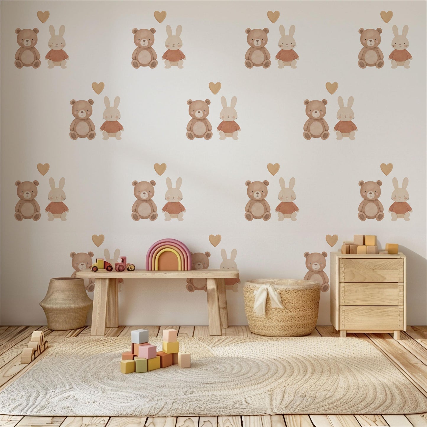 Teddy Bear & Bunny Wall Stickers, Neutral Nursery Decor, Rabbit Heart Wall Decals, Kids Room Baby Nursery Peel and Stick Wall Art
