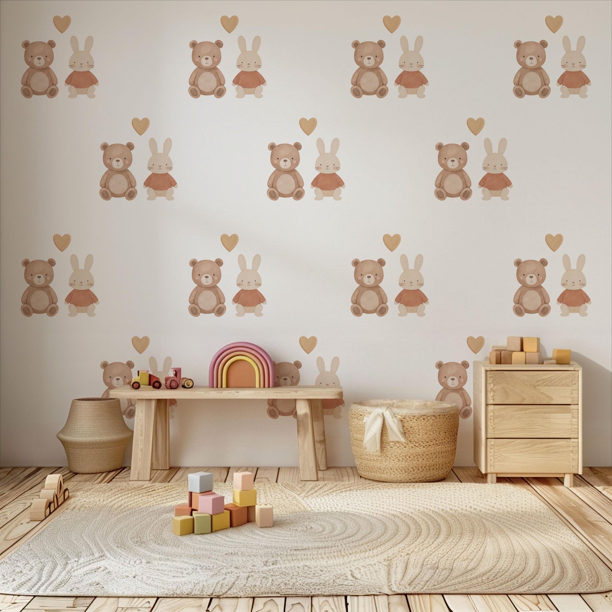 Teddy Bear & Bunny Wall Stickers, Neutral Nursery Decor, Rabbit Heart Wall Decals, Kids Room Baby Nursery Peel and Stick Wall Art