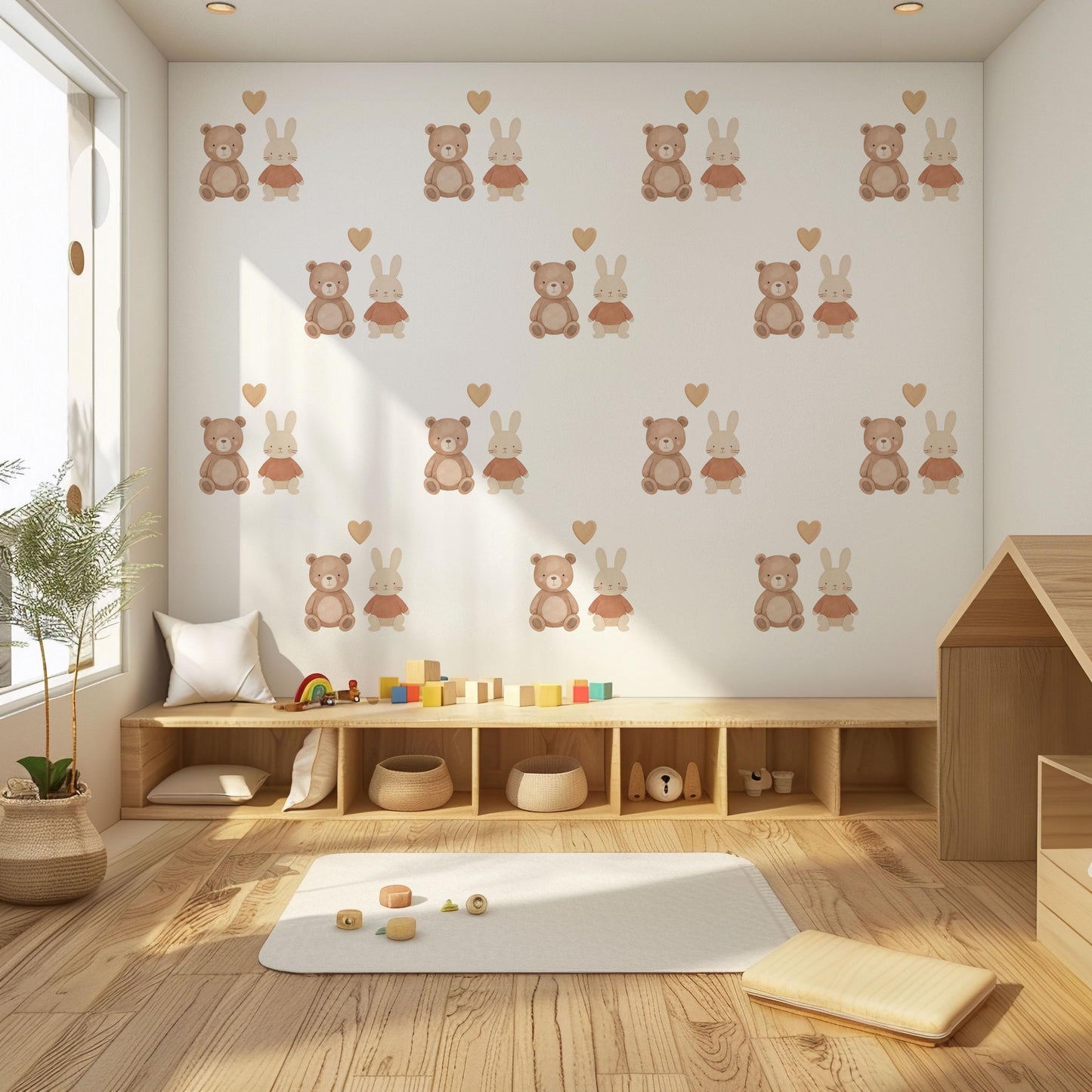 Teddy Bear & Bunny Wall Stickers, Neutral Nursery Decor, Rabbit Heart Wall Decals, Kids Room Baby Nursery Peel and Stick Wall Art