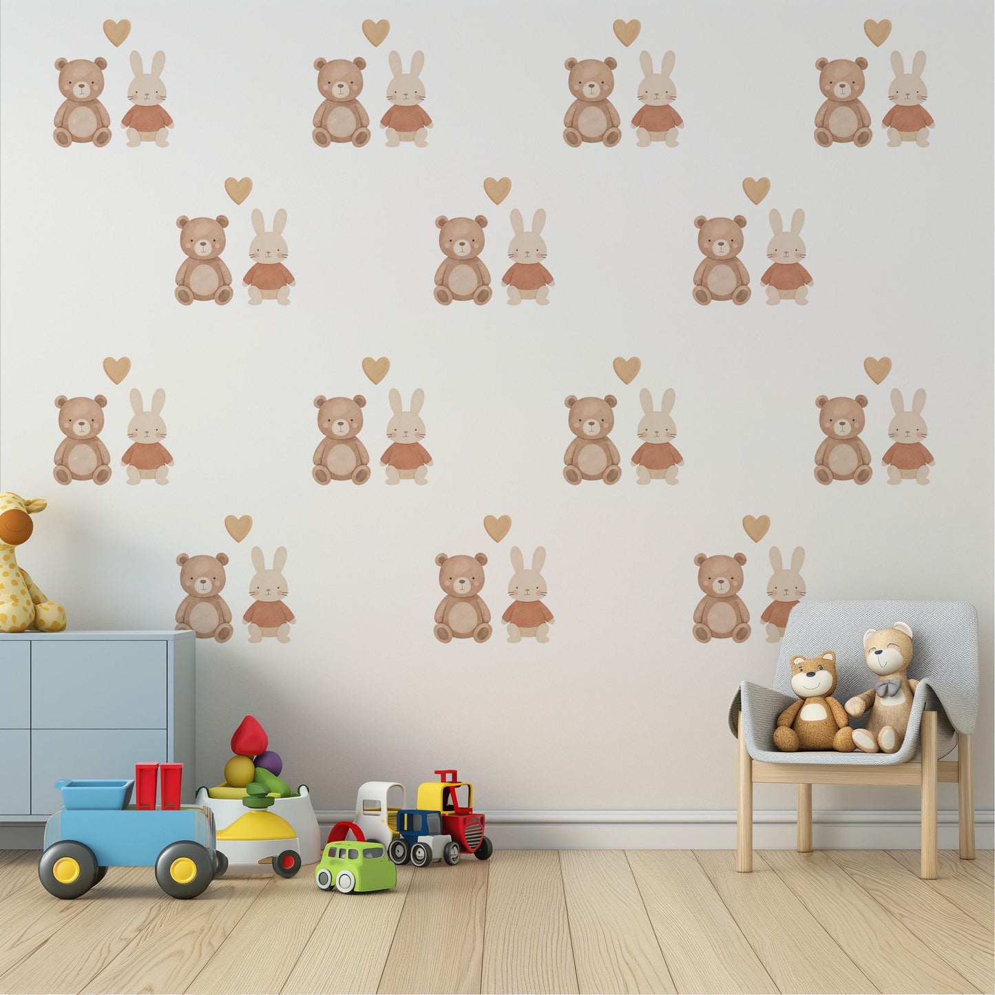 Teddy Bear & Bunny Wall Stickers, Neutral Nursery Decor, Rabbit Heart Wall Decals, Kids Room Baby Nursery Peel and Stick Wall Art