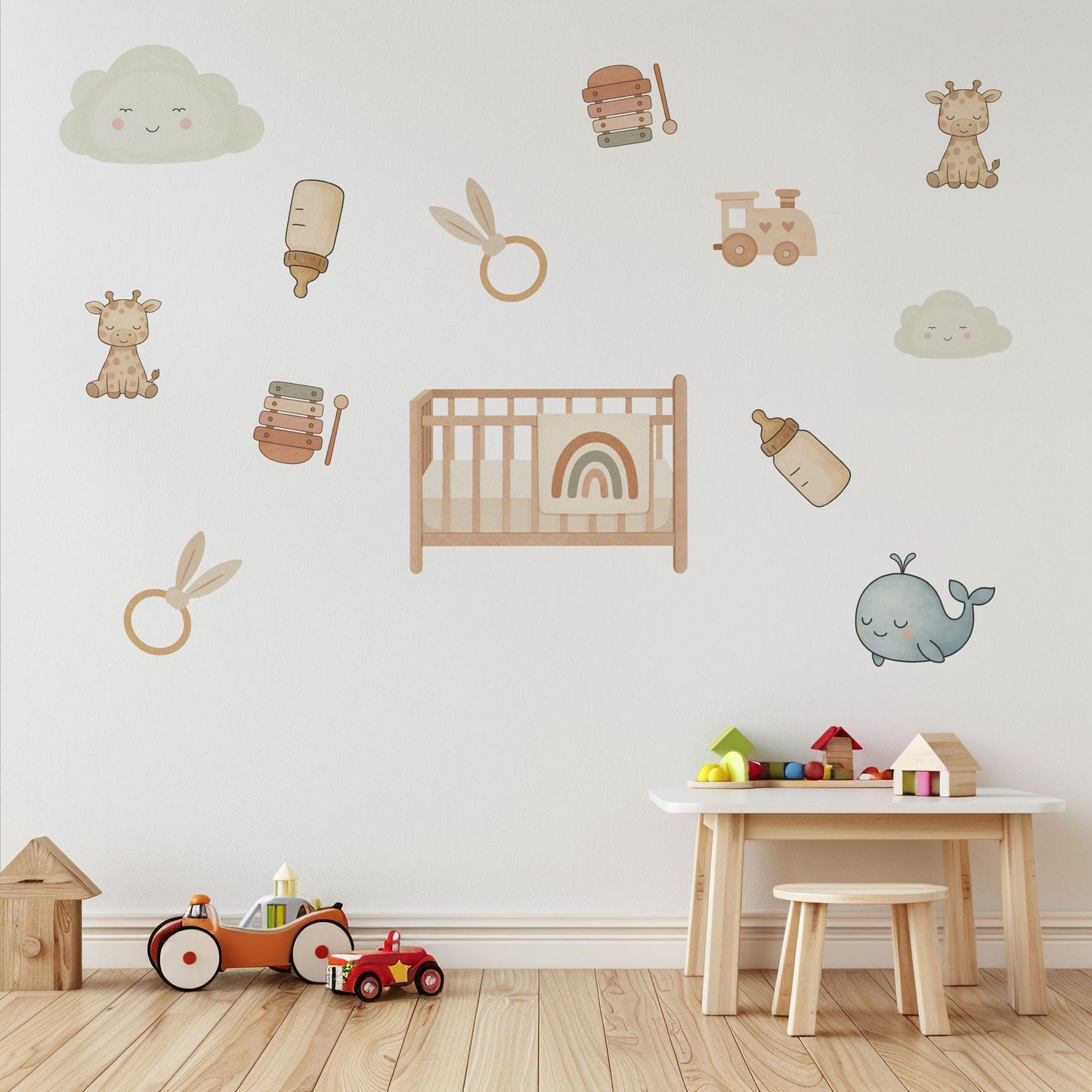 Baby Nursery Wall Stickers, Neutral Nursery Decor, Giraffe Whale Cloud Wall Decals, Kids Room Baby Boy Girl Peel and Stick Wall Art