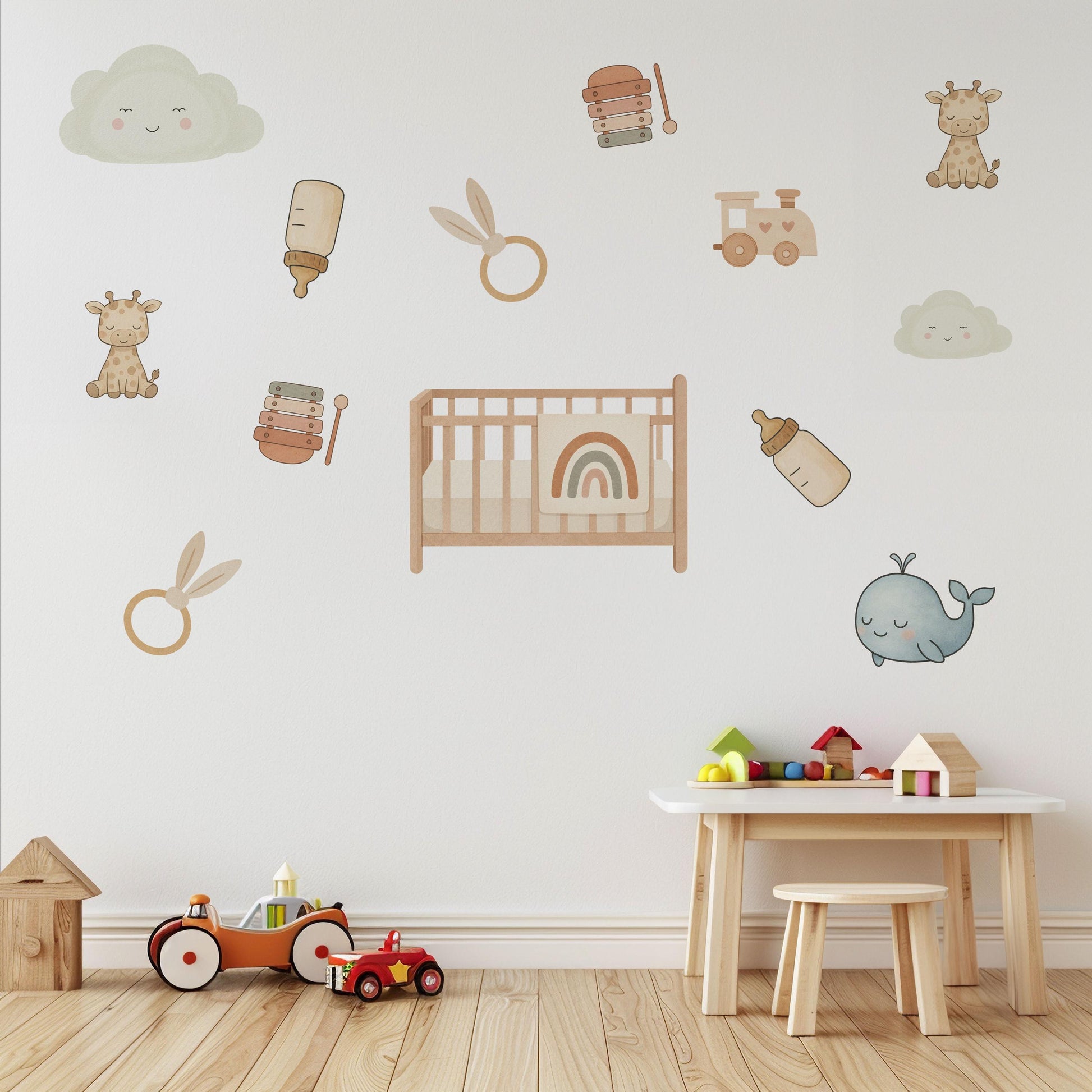 Baby Nursery Wall Stickers, Neutral Nursery Decor, Giraffe Whale Cloud Wall Decals, Kids Room Baby Boy Girl Peel and Stick Wall Art