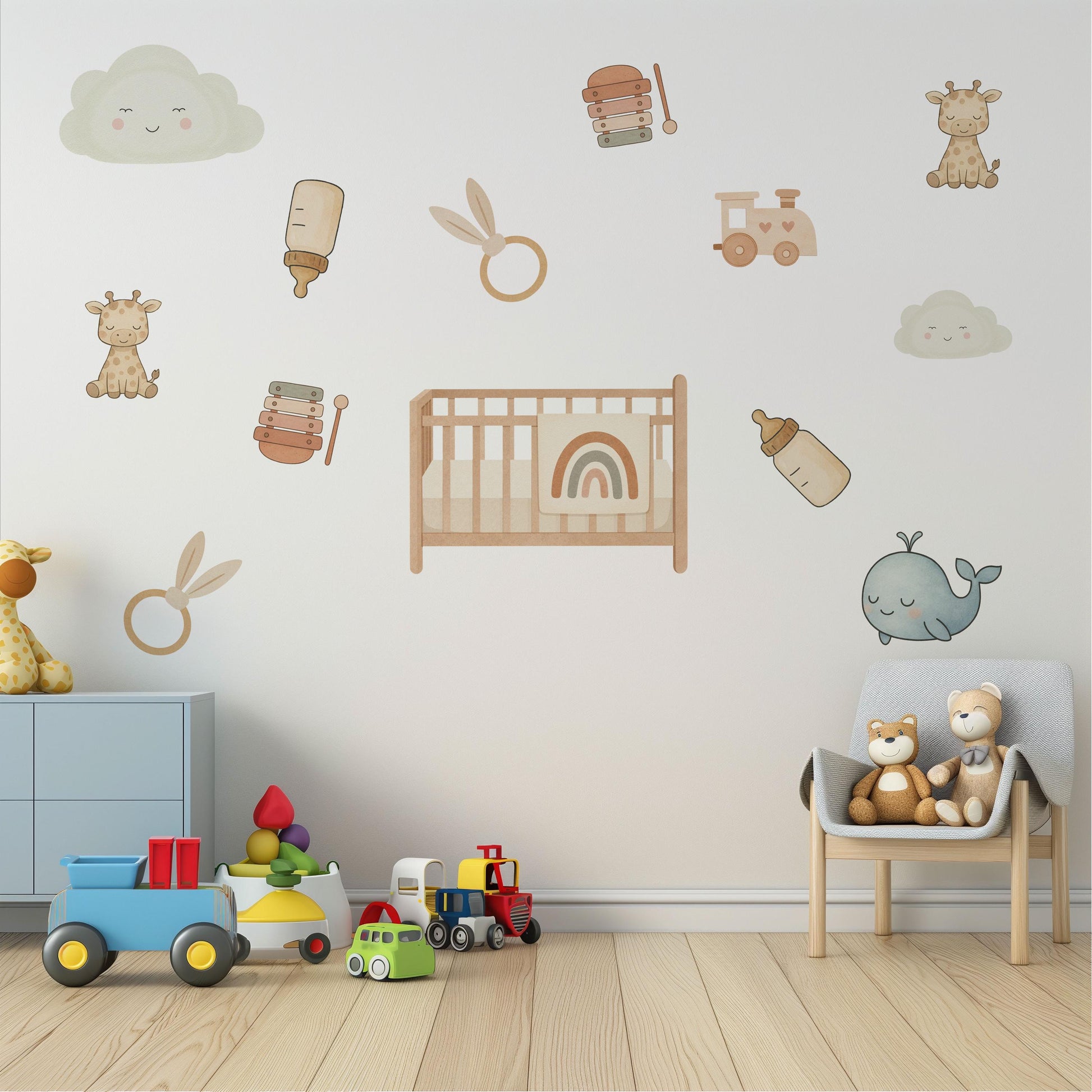 Baby Nursery Wall Stickers, Neutral Nursery Decor, Giraffe Whale Cloud Wall Decals, Kids Room Baby Boy Girl Peel and Stick Wall Art