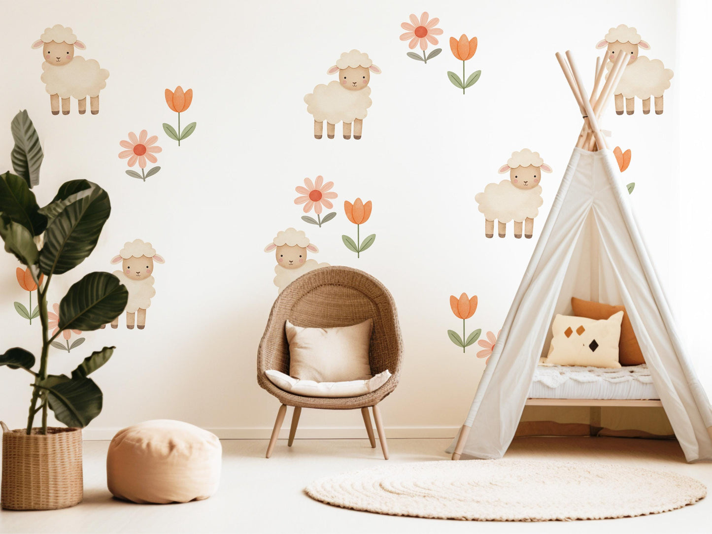 Sheep Wall Stickers, Neutral Floral Nursery Decor, Lamb Daisy Kids Room Wall Decals, Farm Baby Room Decor, Peel and Stick Wall Art