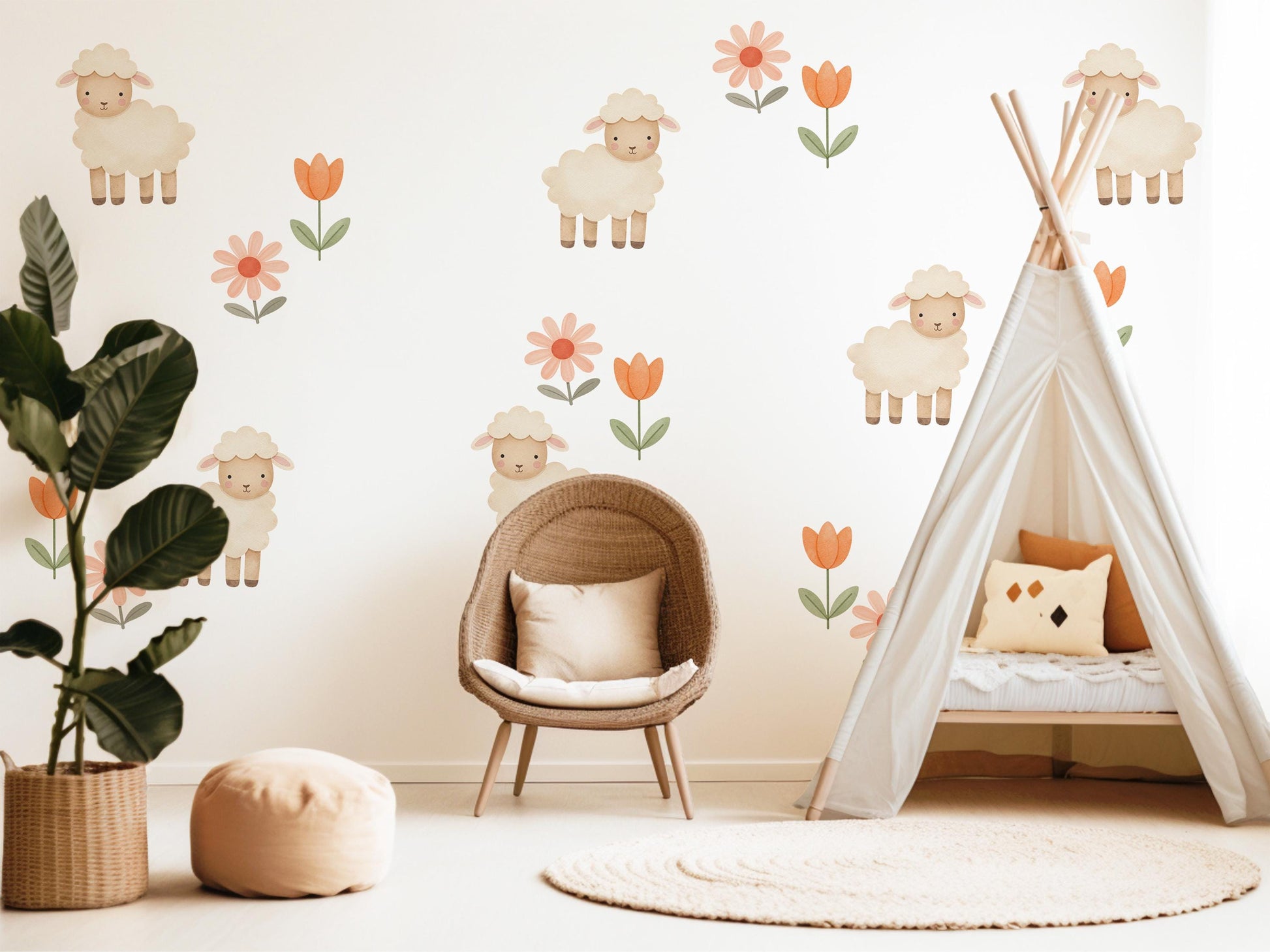 Sheep Wall Stickers, Neutral Floral Nursery Decor, Lamb Daisy Kids Room Wall Decals, Farm Baby Room Decor, Peel and Stick Wall Art