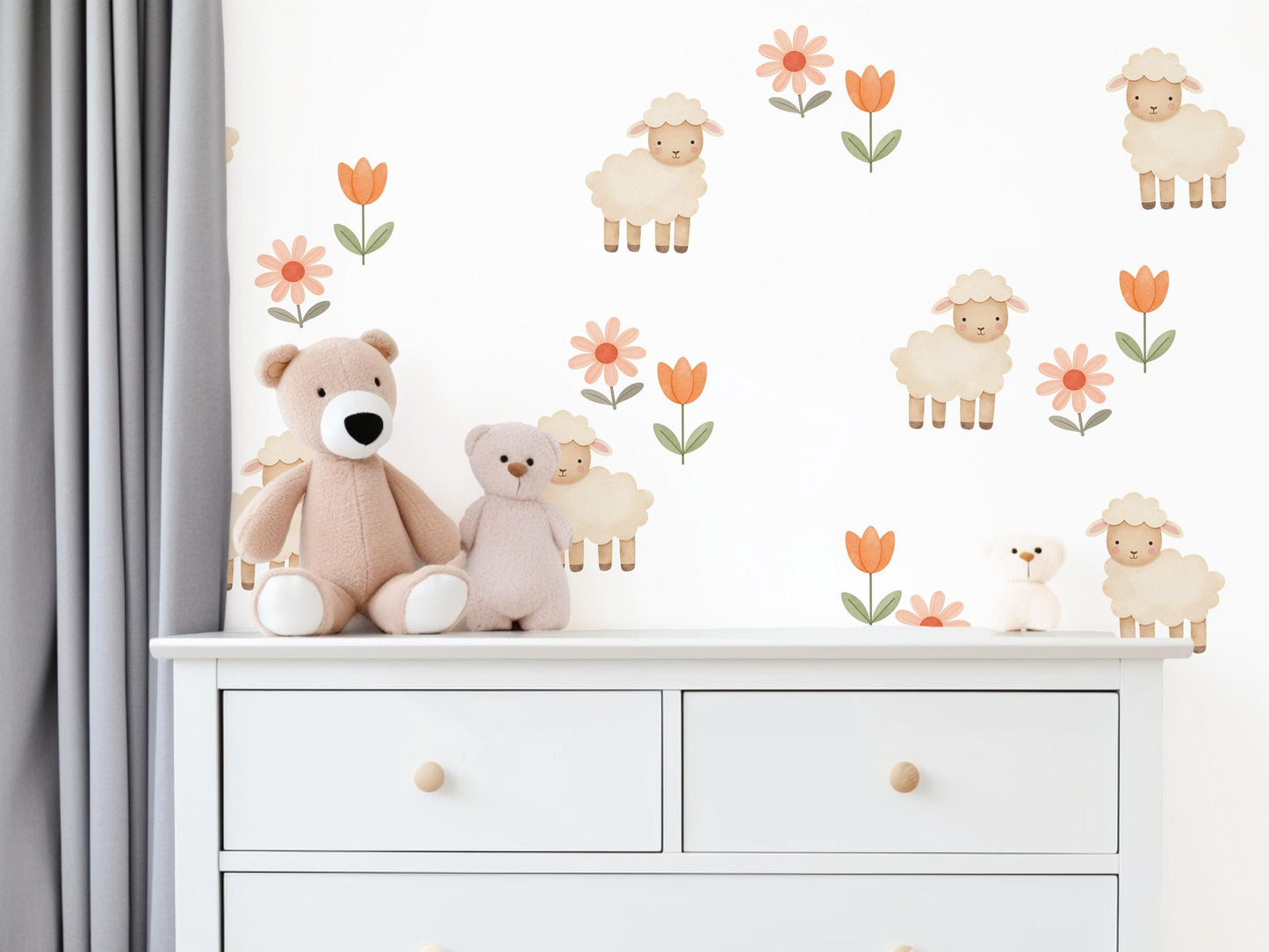 Sheep Wall Stickers, Neutral Floral Nursery Decor, Lamb Daisy Kids Room Wall Decals, Farm Baby Room Decor, Peel and Stick Wall Art