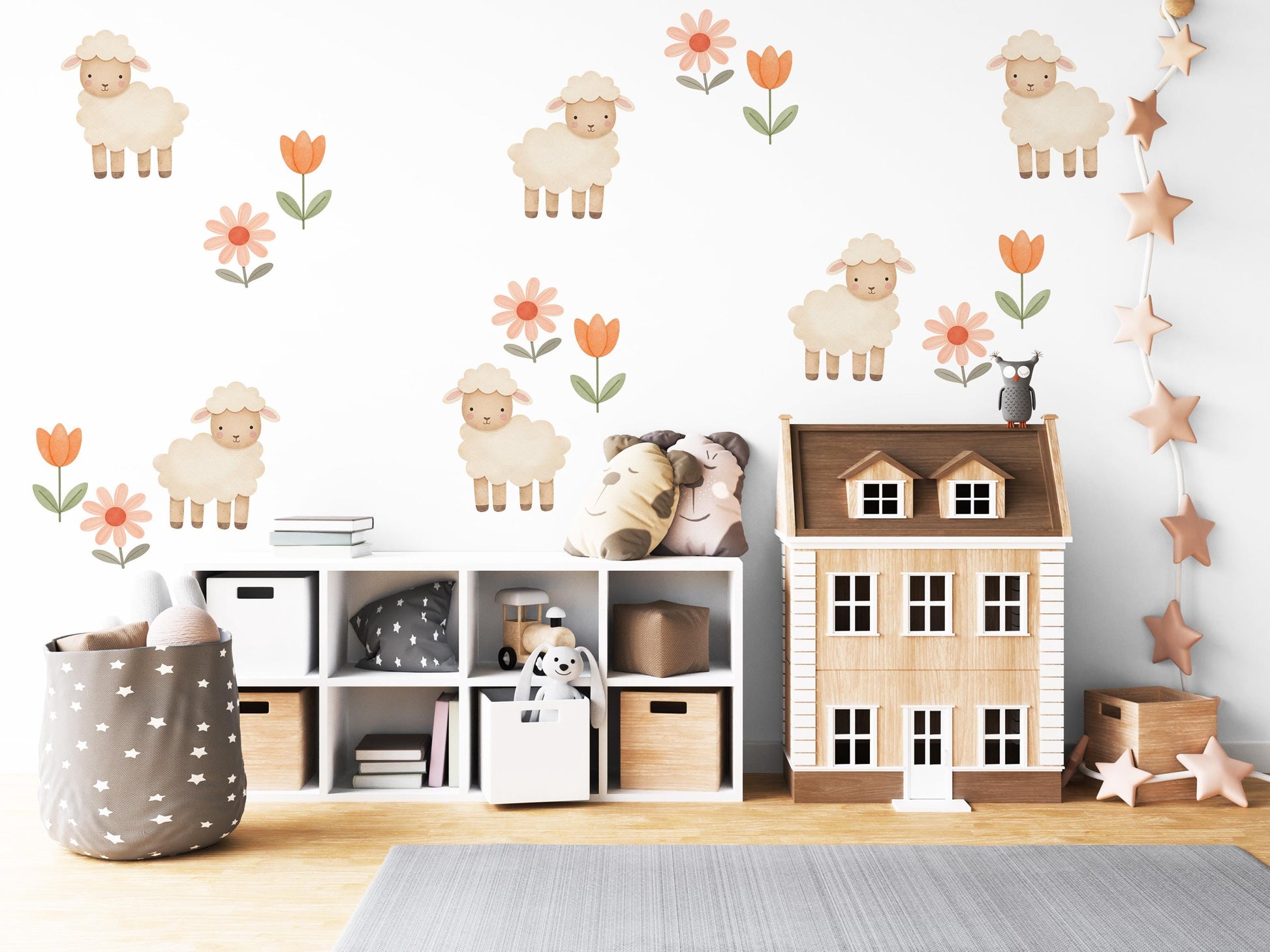 Sheep Wall Stickers, Neutral Floral Nursery Decor, Lamb Daisy Kids Room Wall Decals, Farm Baby Room Decor, Peel and Stick Wall Art