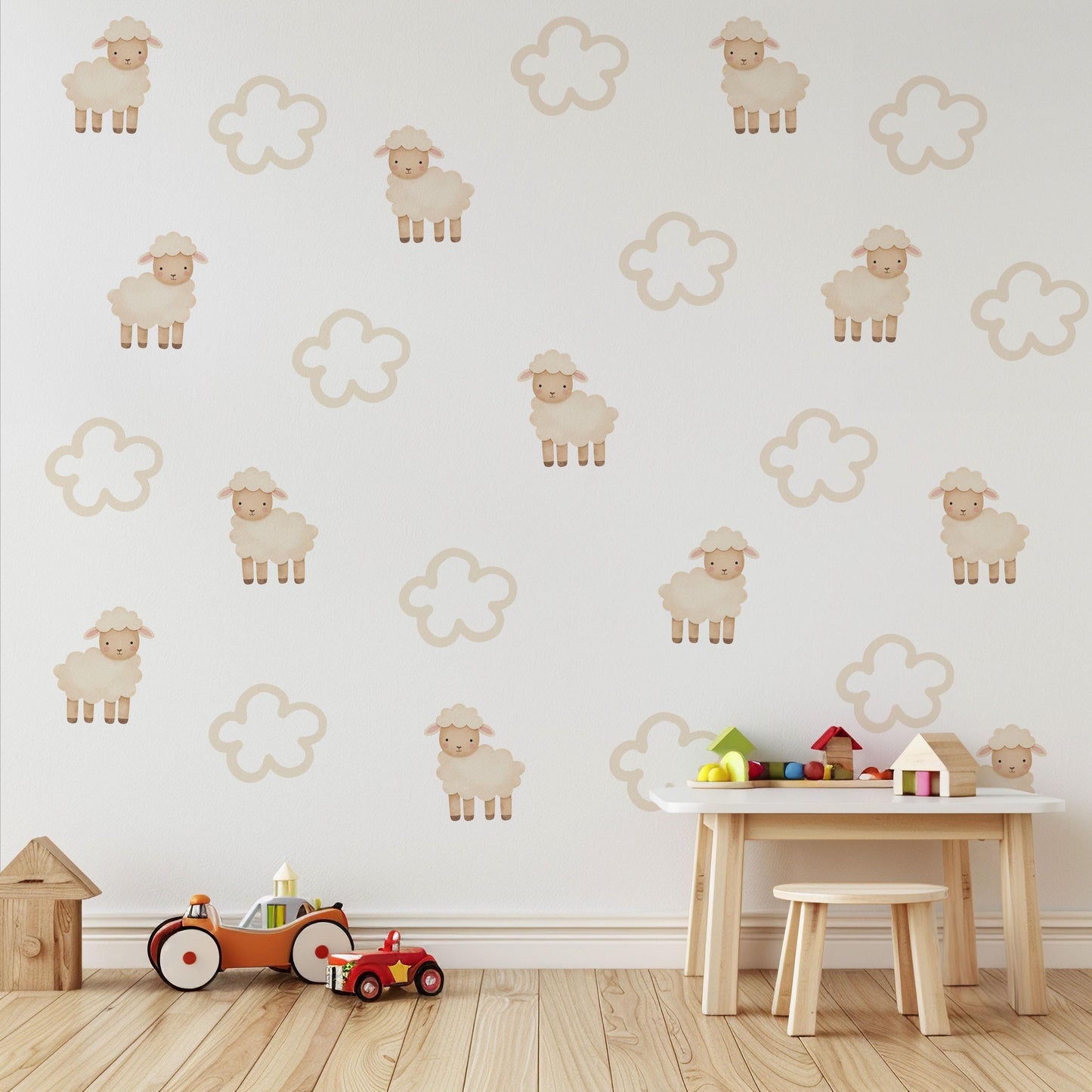 Sheep Wall Stickers, Neutral Cloud Nursery Decor, Counting Sheep Kids Room Wall Decals, Baby Room Decor, Peel and Stick Wall Art