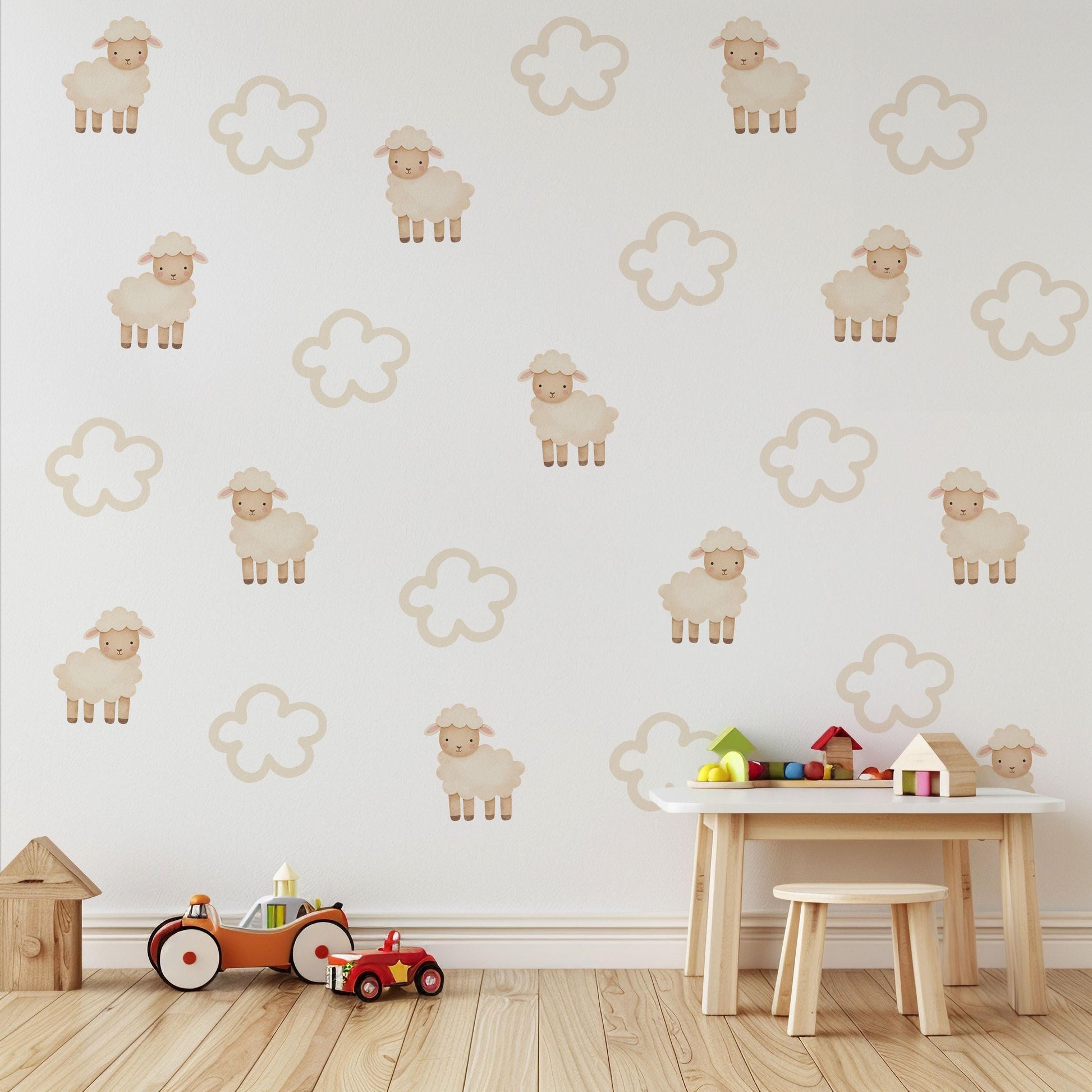 Sheep Wall Stickers, Neutral Cloud Nursery Decor, Counting Sheep Kids Room Wall Decals, Baby Room Decor, Peel and Stick Wall Art
