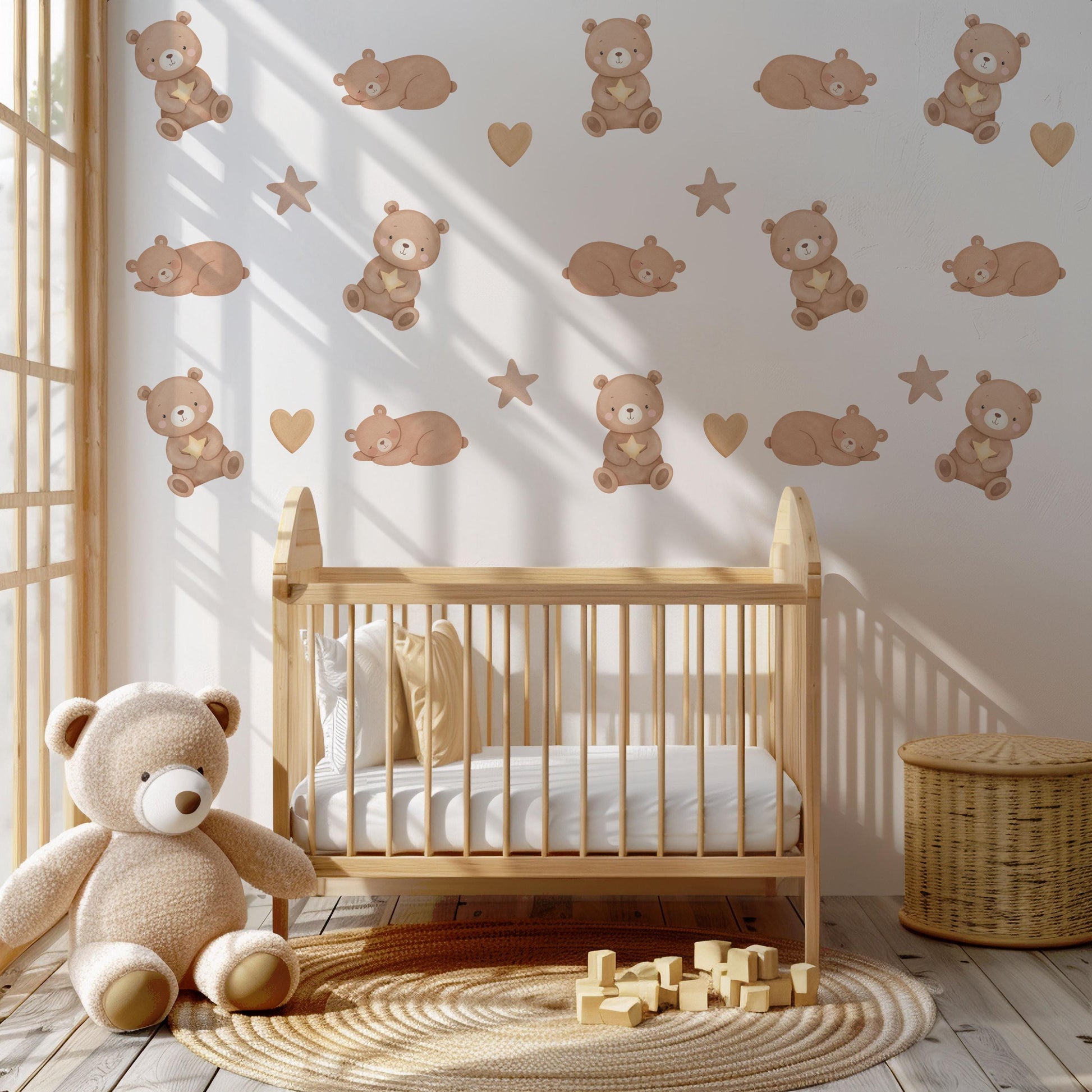 Teddy Bear Wall Stickers, Neutral Nursery Decor, Sleepy Bear Star Kids Room Wall Decals, Baby Room Decor, Peel and Stick Wall Art