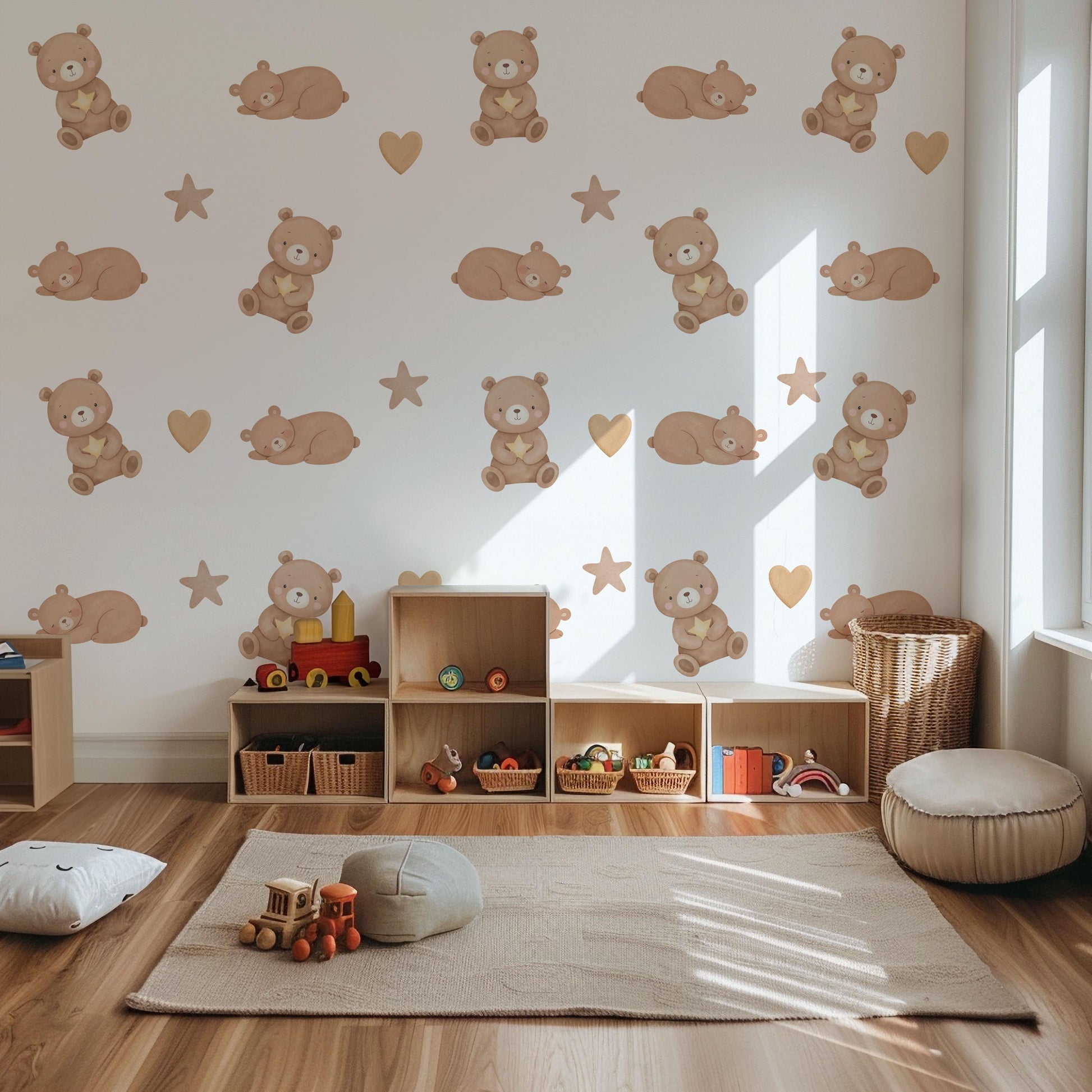 Teddy Bear Wall Stickers, Neutral Nursery Decor, Sleepy Bear Star Kids Room Wall Decals, Baby Room Decor, Peel and Stick Wall Art