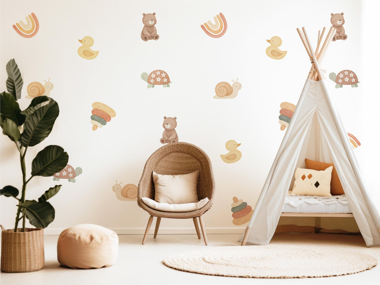 Animal Wall Stickers, Woodland Nursery Decor, Bear Duck Turtle Kids Room Wall Decals, Neutral Baby Room Decor, Peel and Stick Wall Art