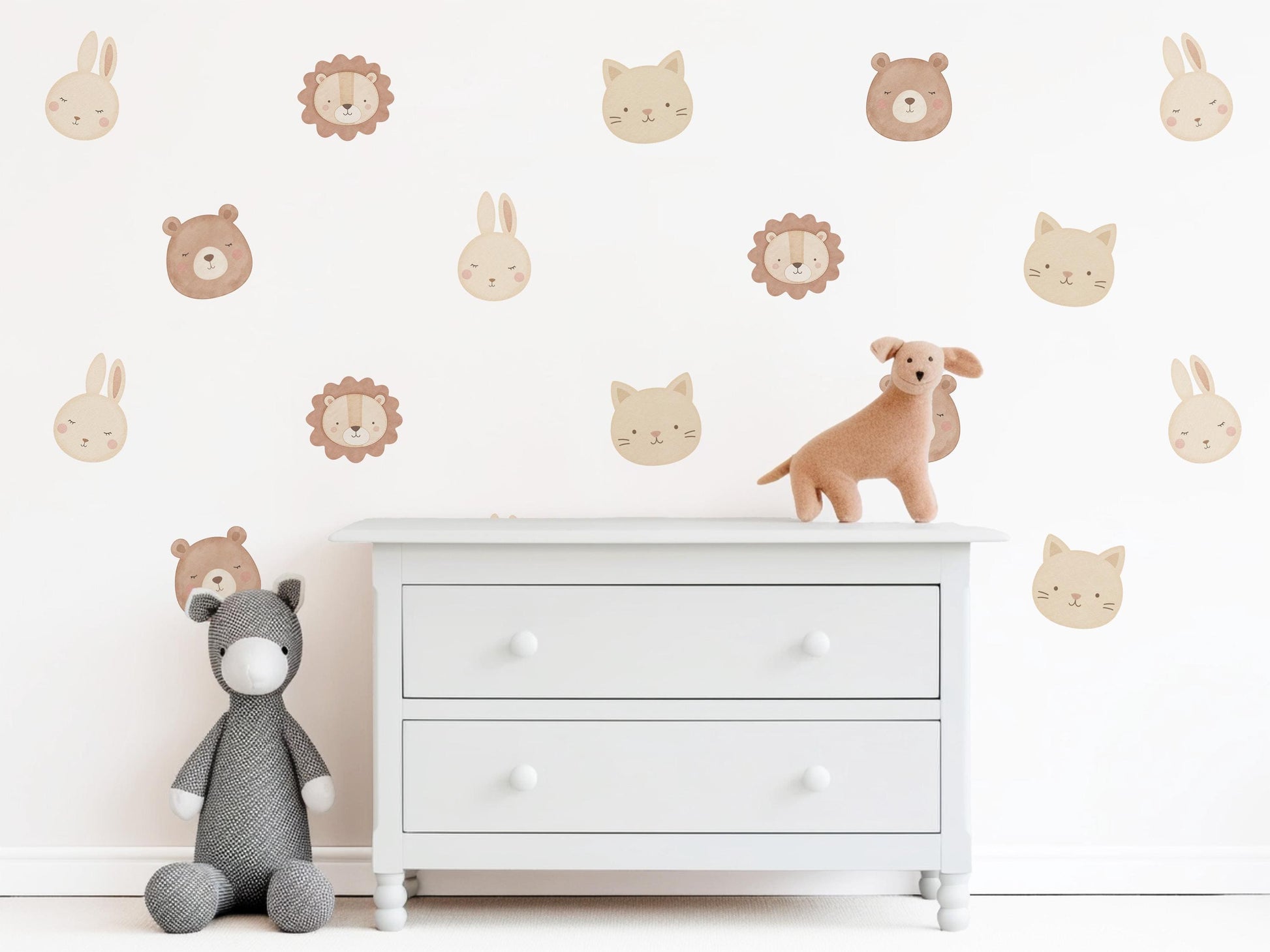 Animal Wall Stickers, Cute Animal Face Nursery Decor, Lion Bear Bunny Cat Kids Room Wall Decals, Neutral Baby Room Decor, Peel and Stick