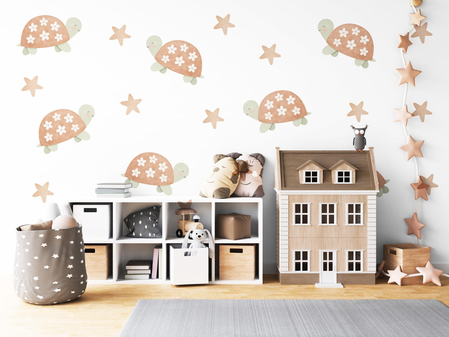Turtle Wall Stickers, Boho Neutral Nursery Decor, Tortoise Star Kids Room Wall Decals, Animal Baby Room Decor, Peel and Stick Wall Art