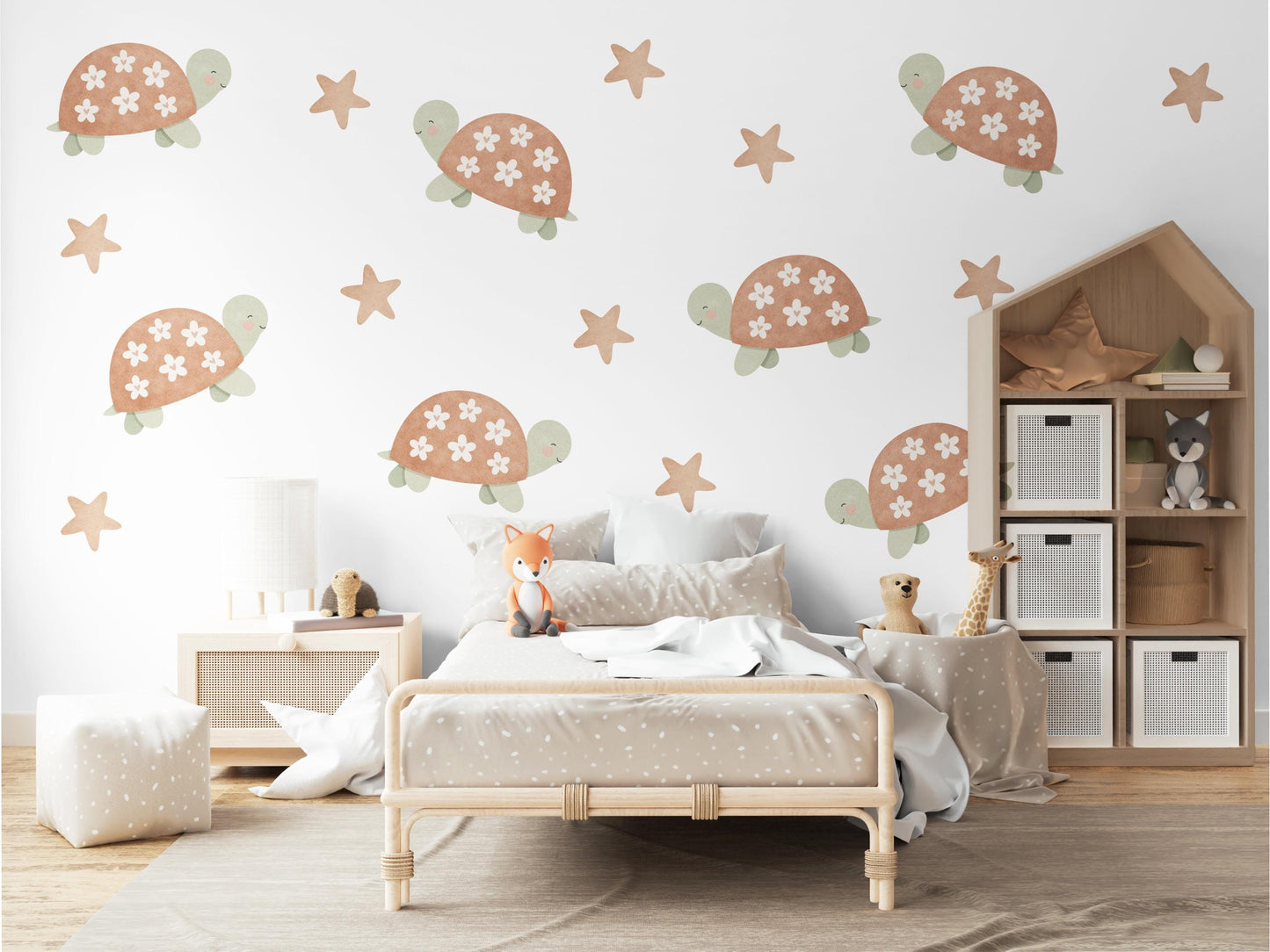 Turtle Wall Stickers, Boho Neutral Nursery Decor, Tortoise Star Kids Room Wall Decals, Animal Baby Room Decor, Peel and Stick Wall Art