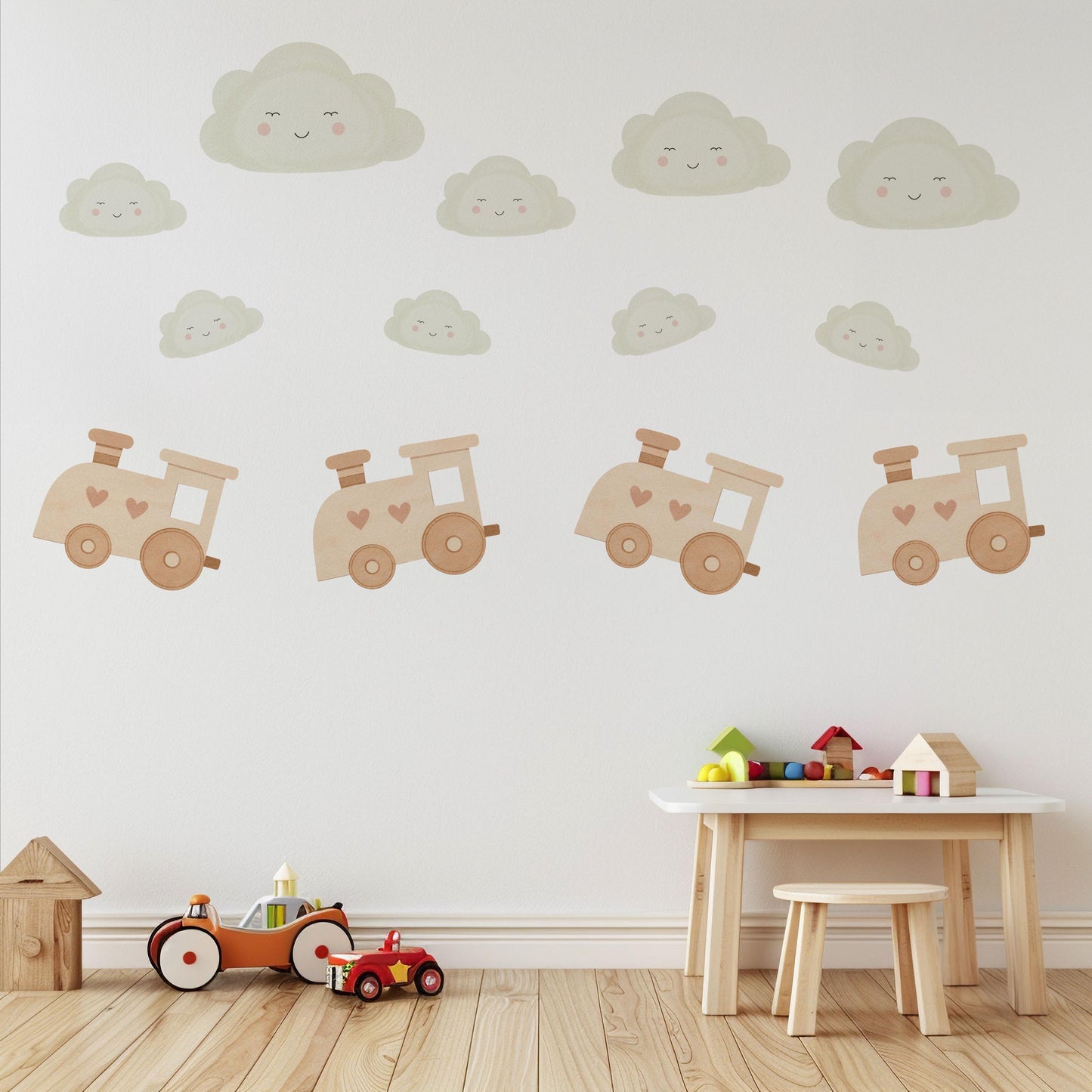 Train and Cloud Wall Stickers, Neutral Nursery Decor, Boho Transport Wall Decals, Kids Room Baby Boy Nursery Peel and Stick Wall Art