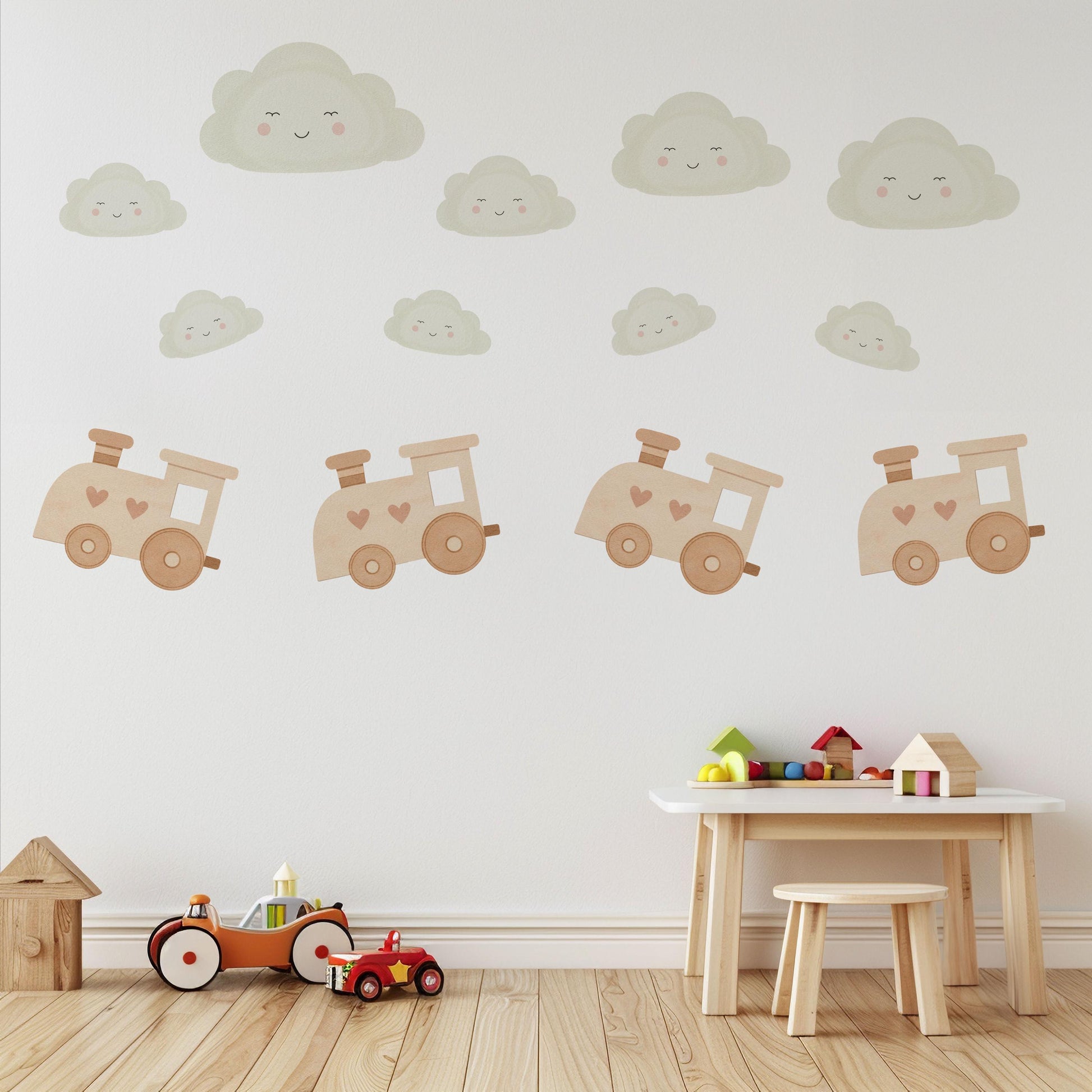 Train and Cloud Wall Stickers, Neutral Nursery Decor, Boho Transport Wall Decals, Kids Room Baby Boy Nursery Peel and Stick Wall Art