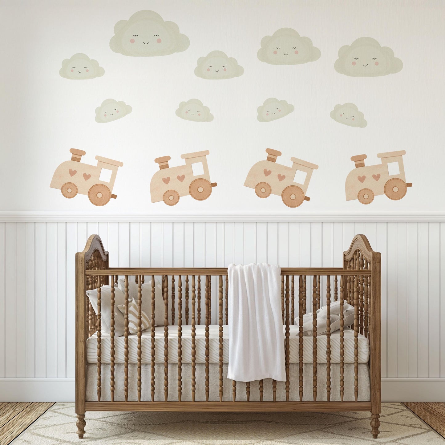 Train and Cloud Wall Stickers, Neutral Nursery Decor, Boho Transport Wall Decals, Kids Room Baby Boy Nursery Peel and Stick Wall Art