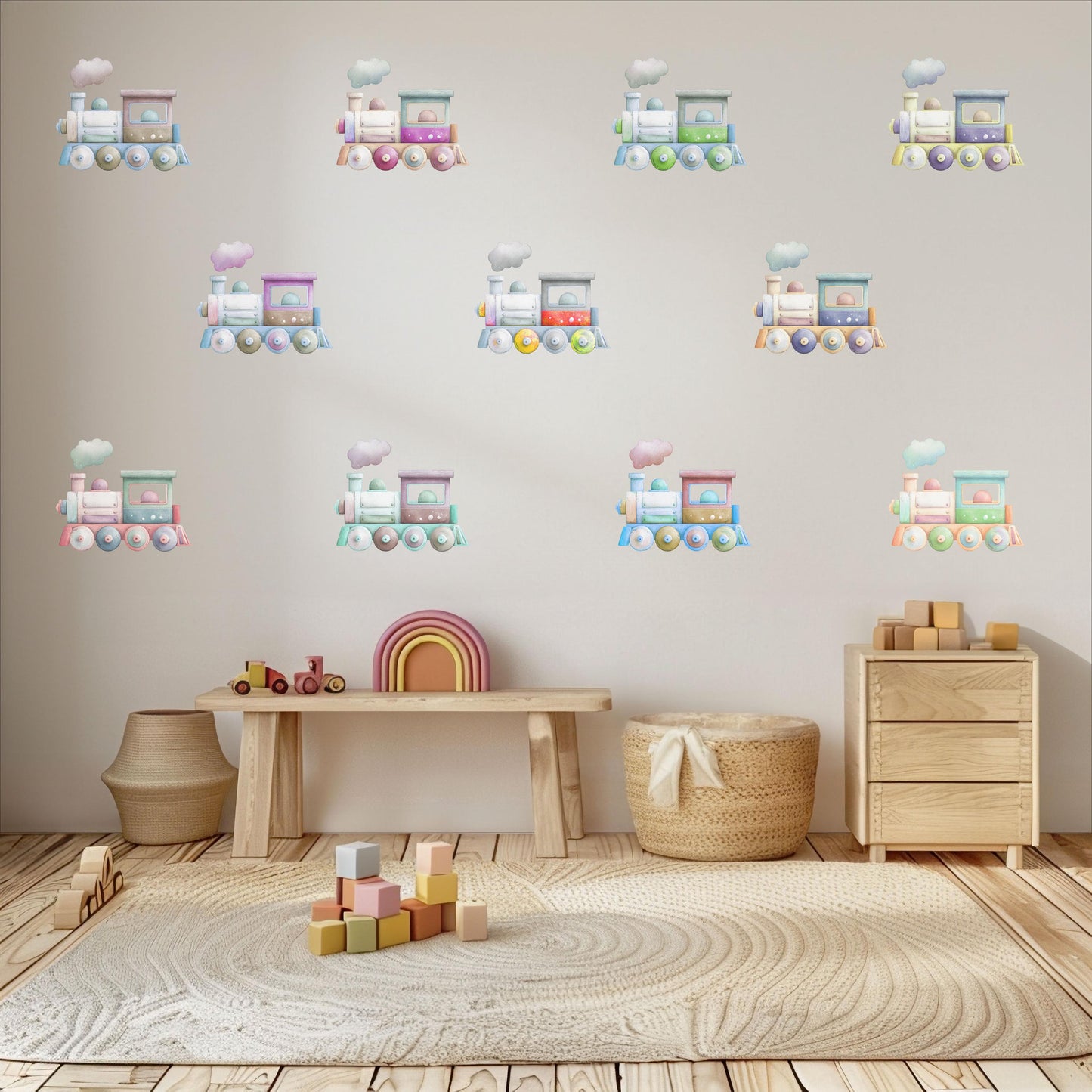 Train Wall Stickers, Pastel Nursery Decor, Colourful Watercolour Train Wall Decals, Kids Room Playroom Transport Peel and Stick Wall Art