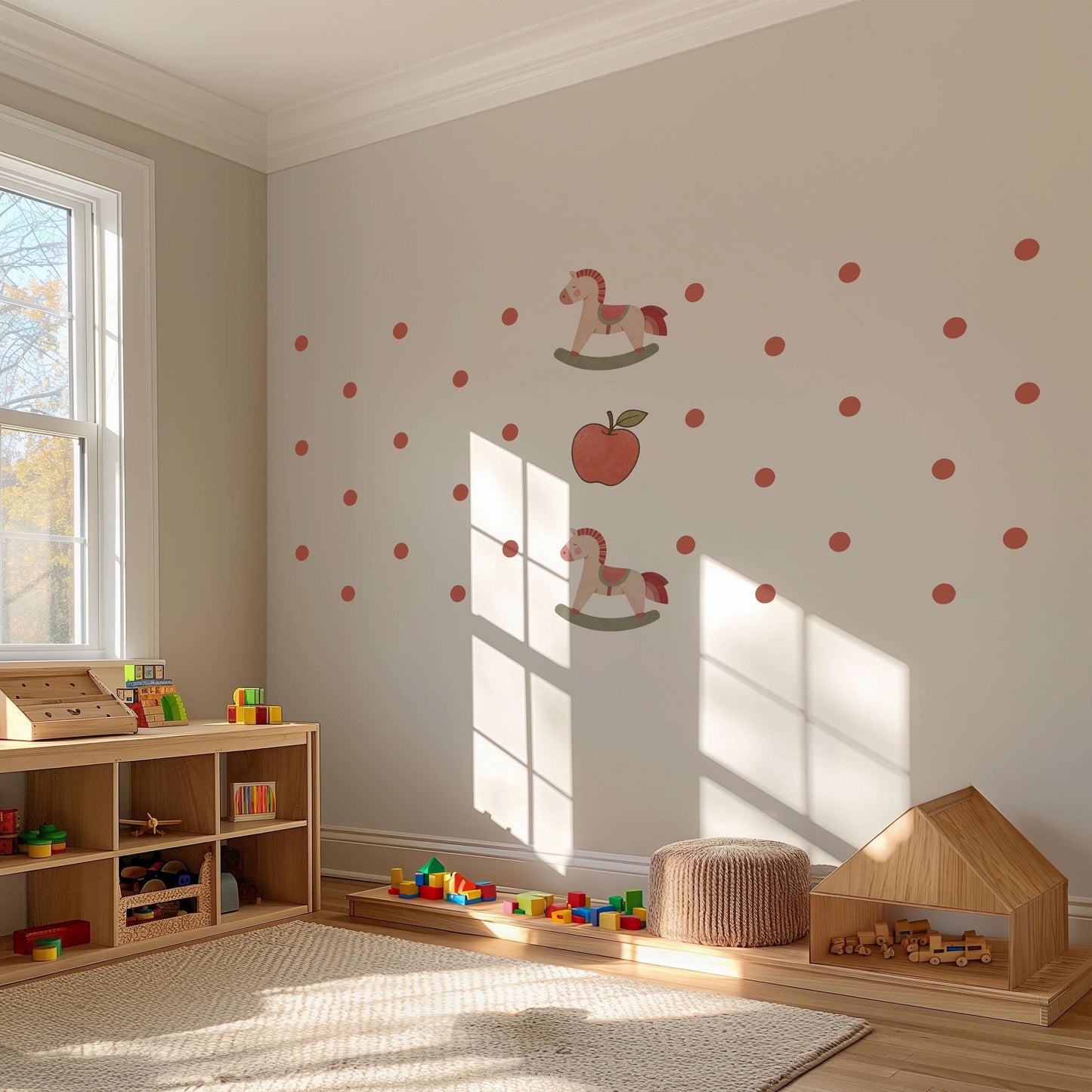 Polka Dot Wall Stickers, Boho Nursery Decor, Rust Red Rocking Horse Wall Decals, Neutral Kids Room Baby Nursery Peel and Stick Wall Art