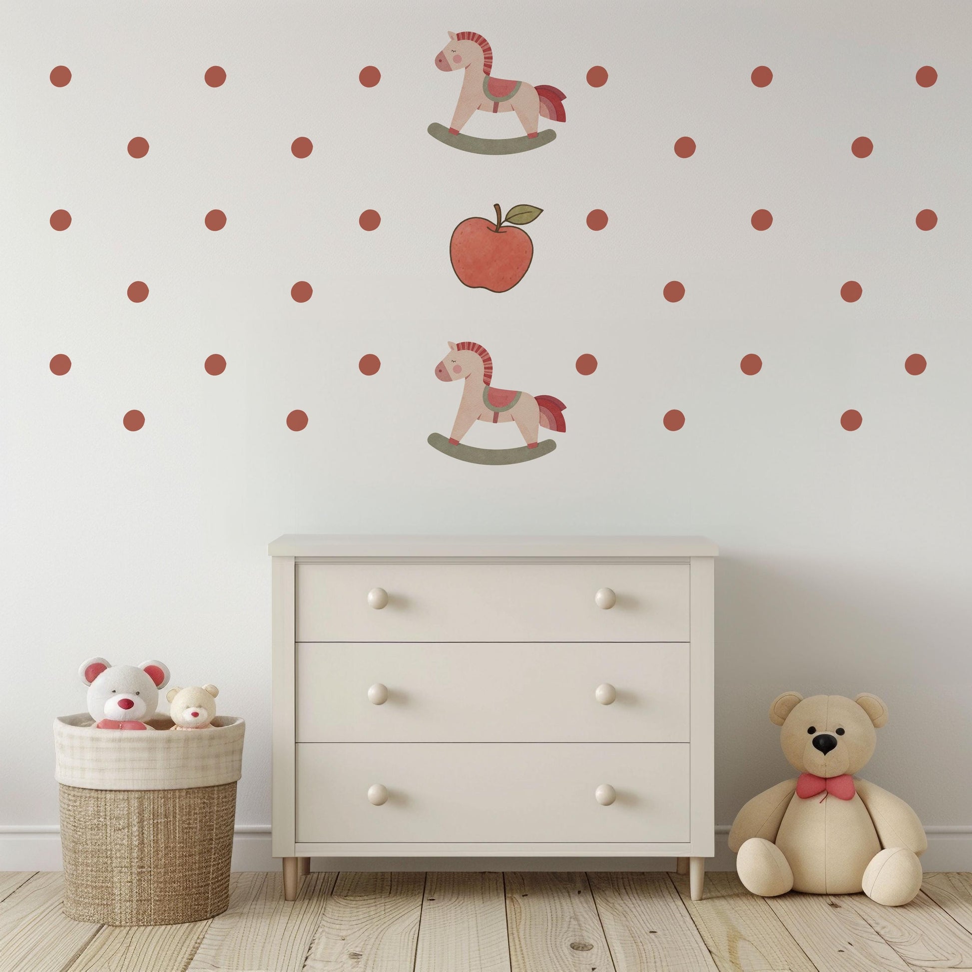 Polka Dot Wall Stickers, Boho Nursery Decor, Rust Red Rocking Horse Wall Decals, Neutral Kids Room Baby Nursery Peel and Stick Wall Art