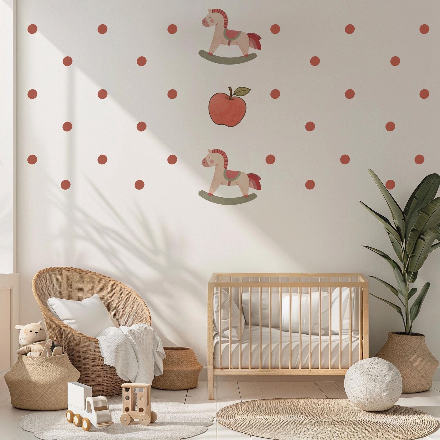 Polka Dot Wall Stickers, Boho Nursery Decor, Rust Red Rocking Horse Wall Decals, Neutral Kids Room Baby Nursery Peel and Stick Wall Art